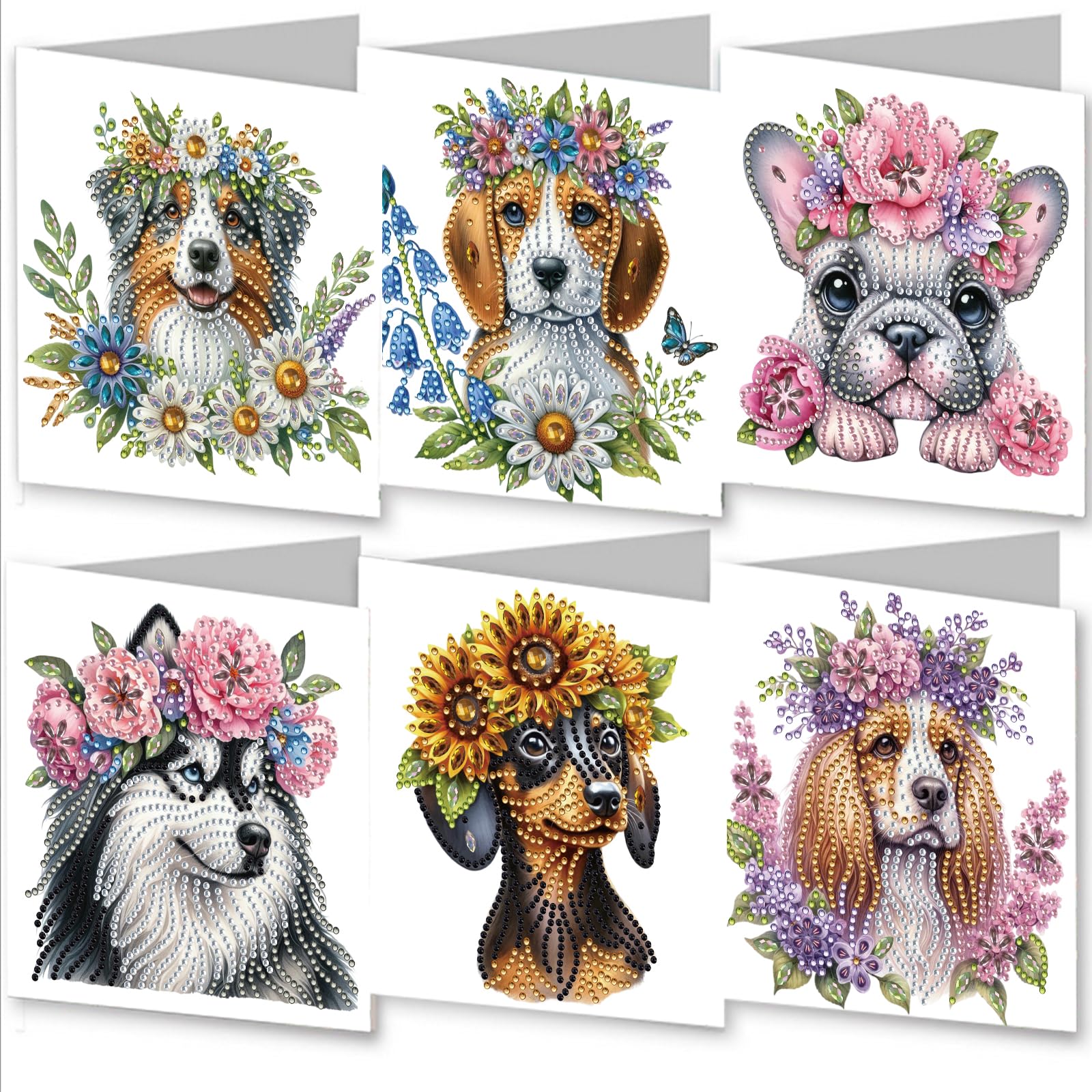 6PCS 5D DIY Diamond Painting Greeting Card Sets with Envelopes - Premium Handmade, Ideal for Birthdays, Holidays & Anniversaries,Dogs Flower Crowns Blooms Patterns (Puppies)