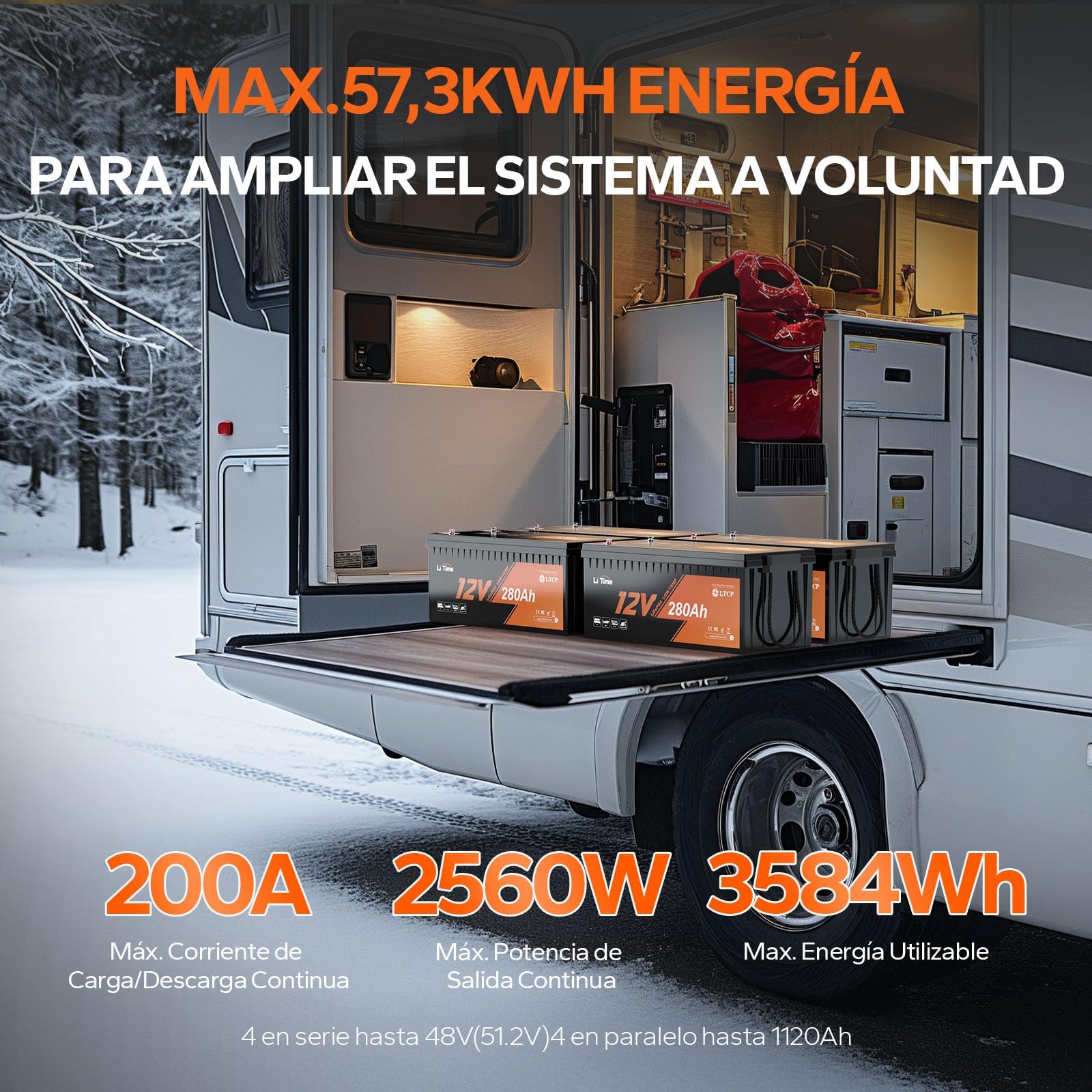 LiTime Batería Litio LiFePO4 12V 280Ah con Protección Baja Temperatura y 200A BMS, MAX 15000 Ciclos, Bateria Litio 12V 280Ah para Sistema Solar Autocaravana Camping Barco Energético Doméstico Camper