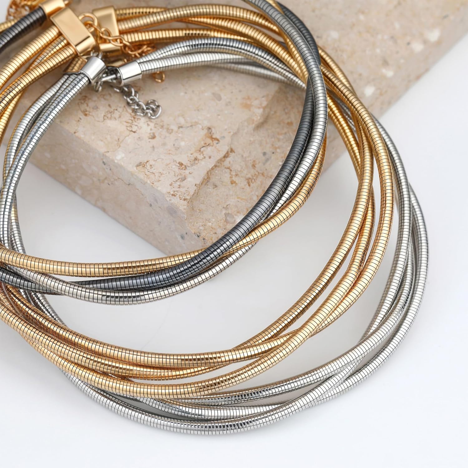 Chunky Gold Layered Choker Necklace for Women, Trendy Gold Plated Multilayer Twisted Thin Snake Chain Layering Collar Statement Necklaces Simple Jewelry Gifts - Image 5