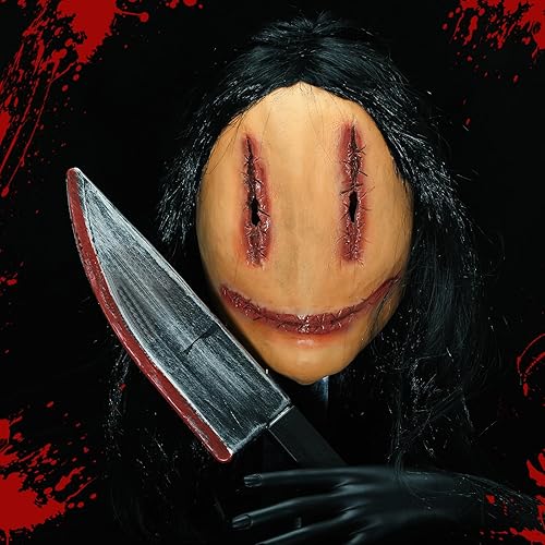 Miniatura 5 de Liliful Máscara espeluznante de Halloween con cabello, máscara de diablo de terror con cuchillo, costuras de miedo, máscara de fantasma femenino de