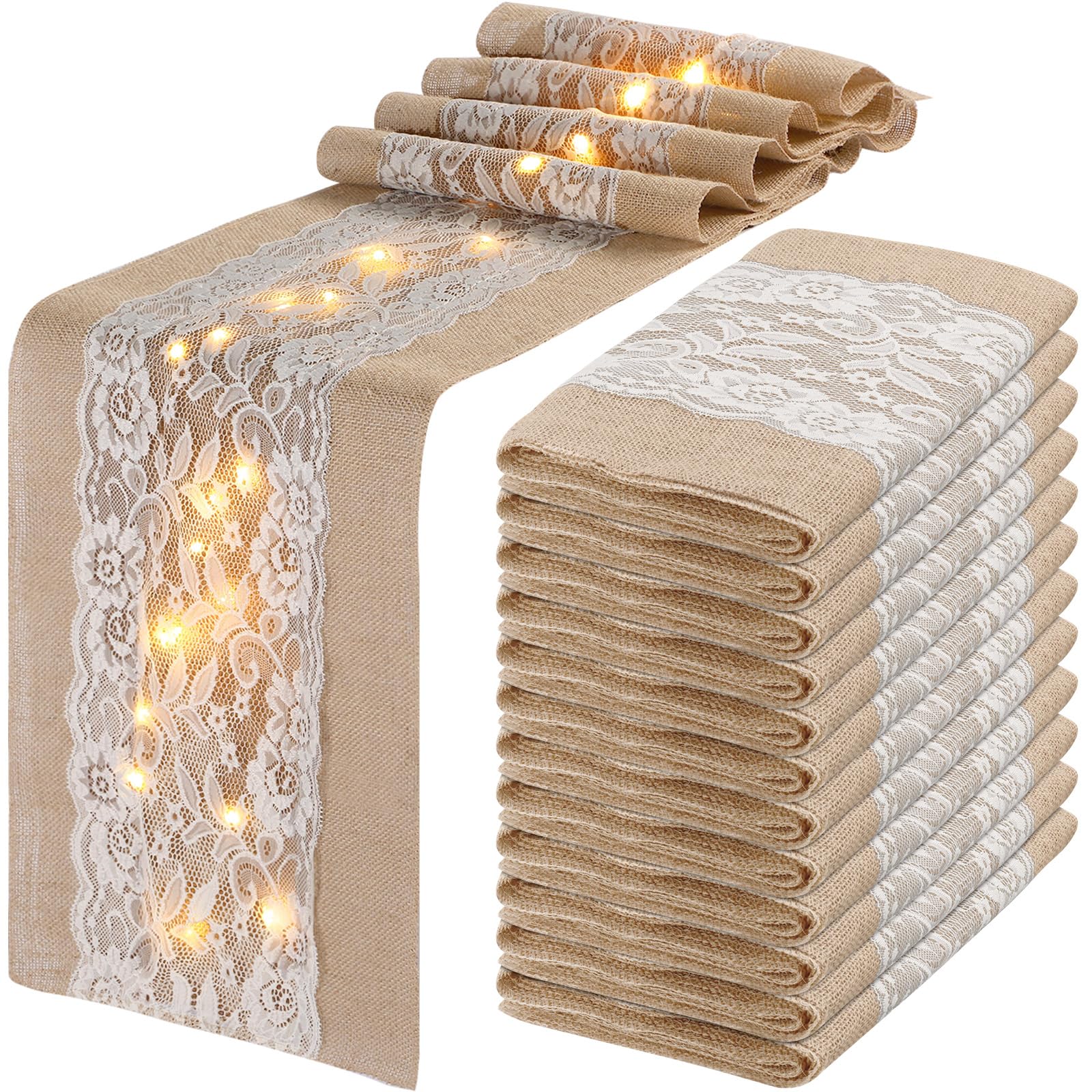 Tudomro 12 caminos de mesa de arpillera con cadena de luces LED de 12 x 108 pulgadas, caminos de mesa de yute rústico, decoración de lino, decoración de boda para fiestas de vacaciones, decoraciones