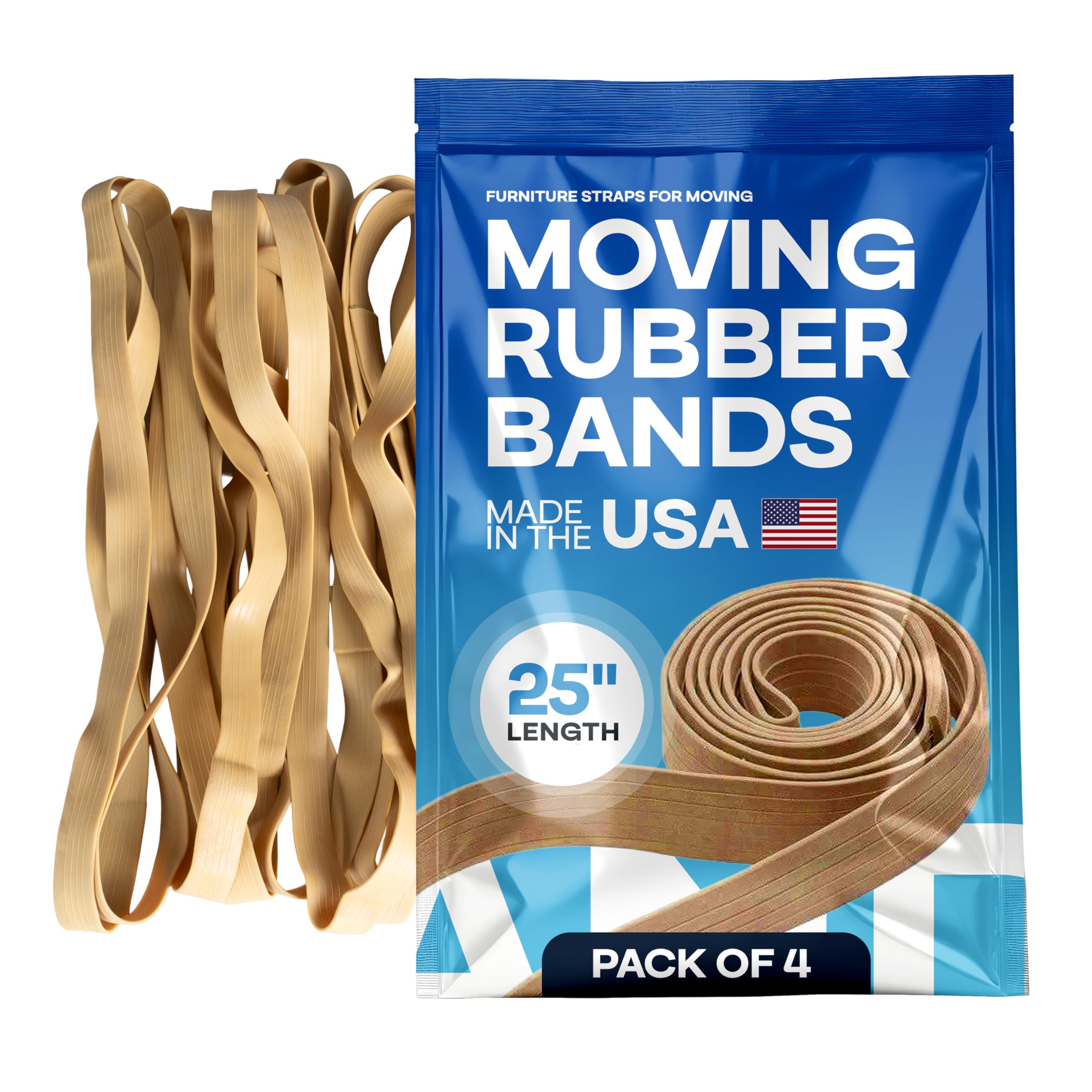 Beige Moving Bands 25", Pack of 4 - USA-Made Mover Rubber Straps for Furniture, Boxes & Moving Blankets - Strong, Elastic & Flexible, 80% Natural Rubber Bands for Shipping & Storage by IDL Packaging