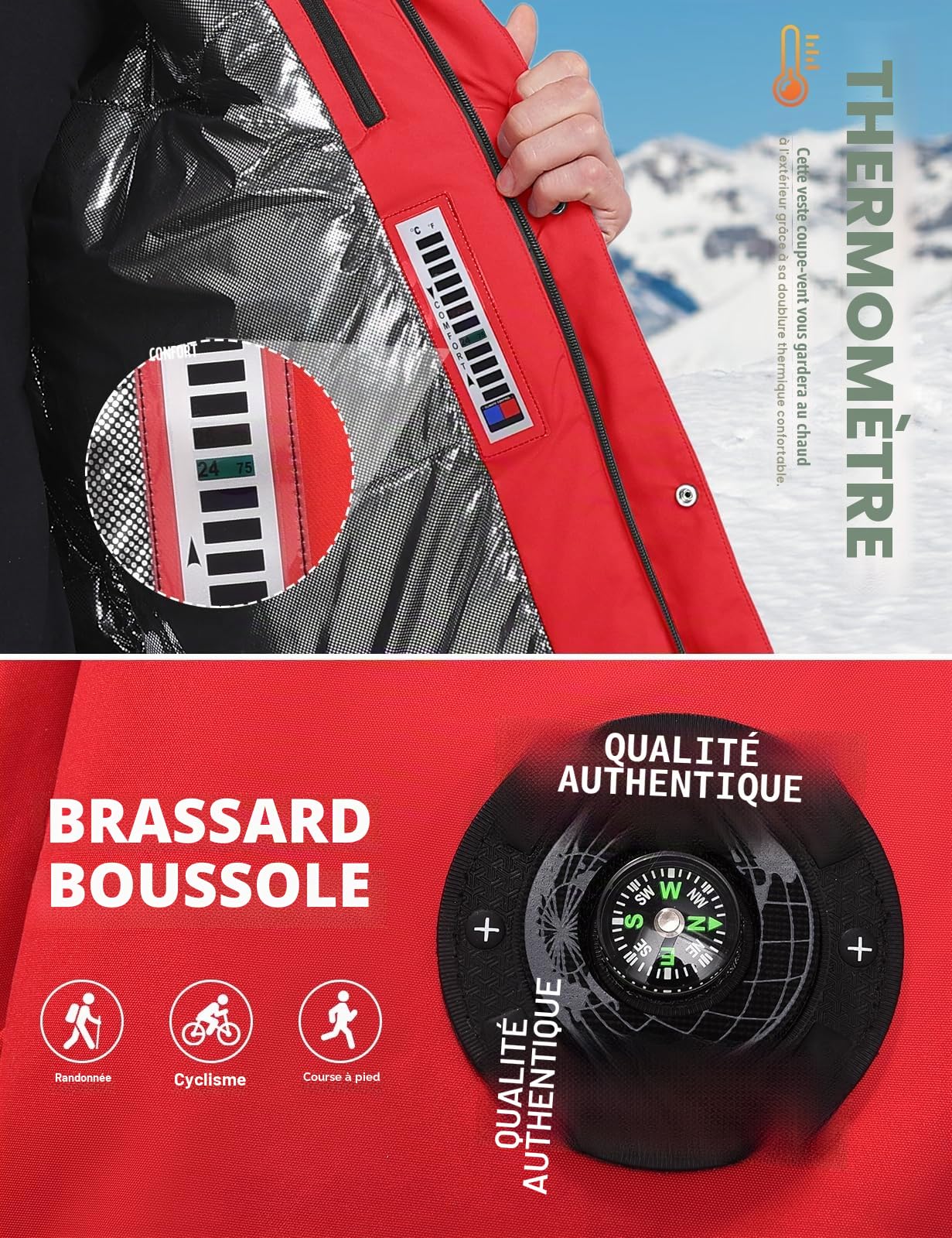 Voqeen Veste de Ski Imperméable Hiver Homme Manteau Chaud avec Capuche Amovible Manteaux Coupe-Vent avec Multi Poches de Randonnée