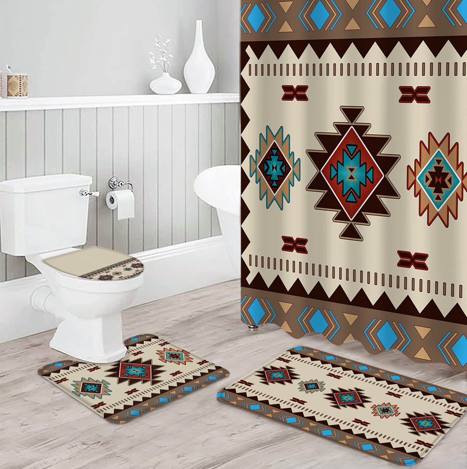 4 Piece Bathroom Set, Blue Brown Western Shower Curtain and Bath Mat Set with Non-Slip Rug, Toilet Lid Cover, Bath Mat, Southwest Modern Geometric Abstract Art 72