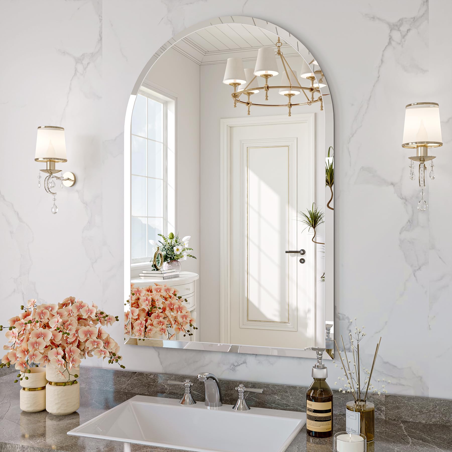 Frameless Bathroom Mirror, 20"x30" Arched Bathroom Vanity Mirrors for Beveled Edge, Arched Wall Mirror, Decorative Arch Mirrors for Bedroom, Entryway, Living Room