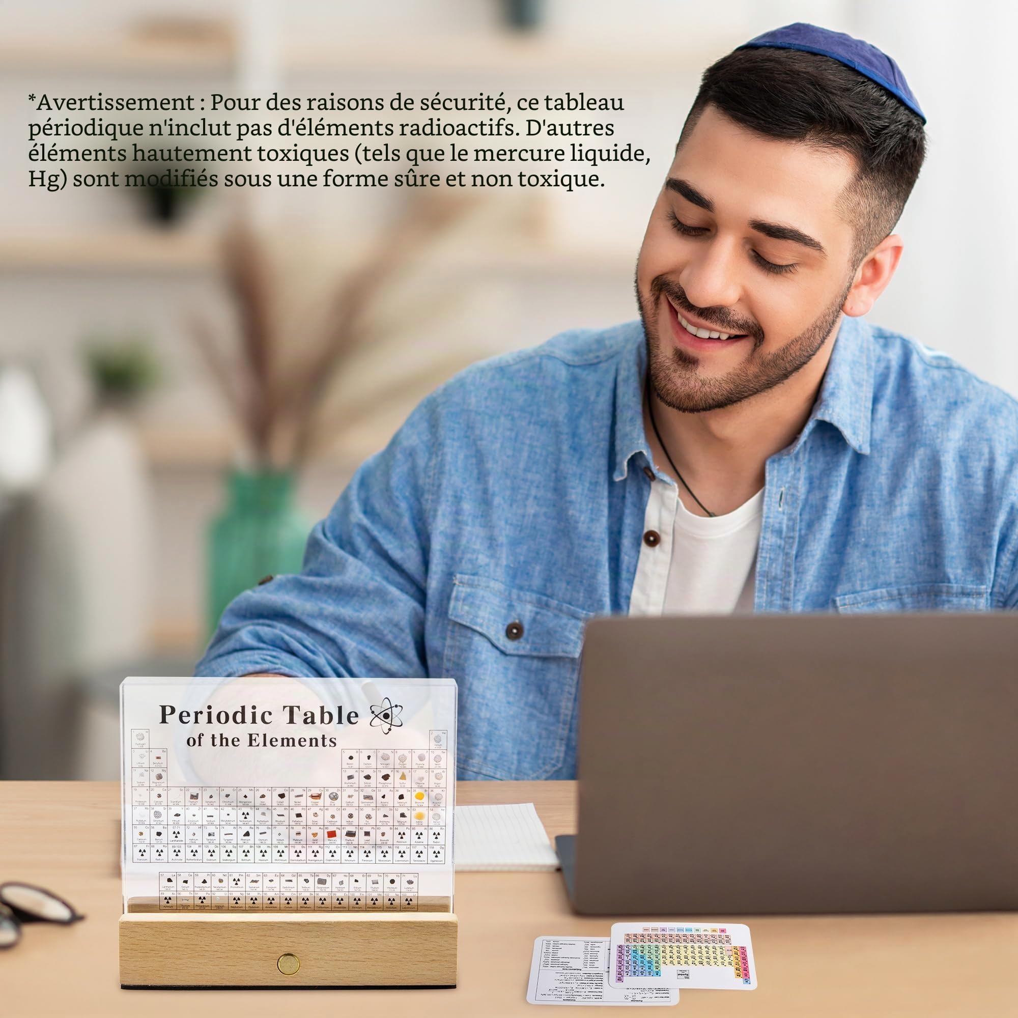 MegaBox Grand tableau périodique d'éléments avec 83 éléments réels, tableau périodique acrylique avec support en bois, 6 cartes de référence pour formule chimique, cadeau pour professeur de sciences