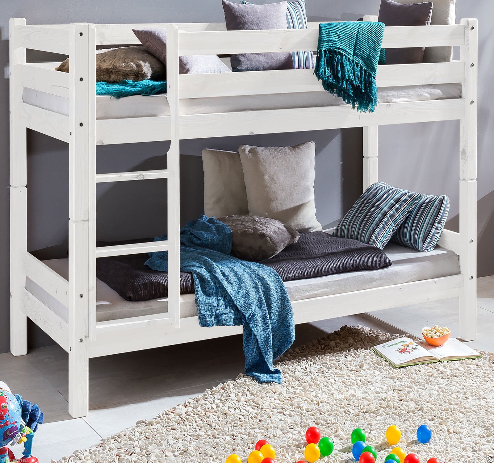 Homeline Weiss Kinderbett Etagenbett Massiv Hochbett Spielbett Stockbett 90x200 cm Matratzen geeignet