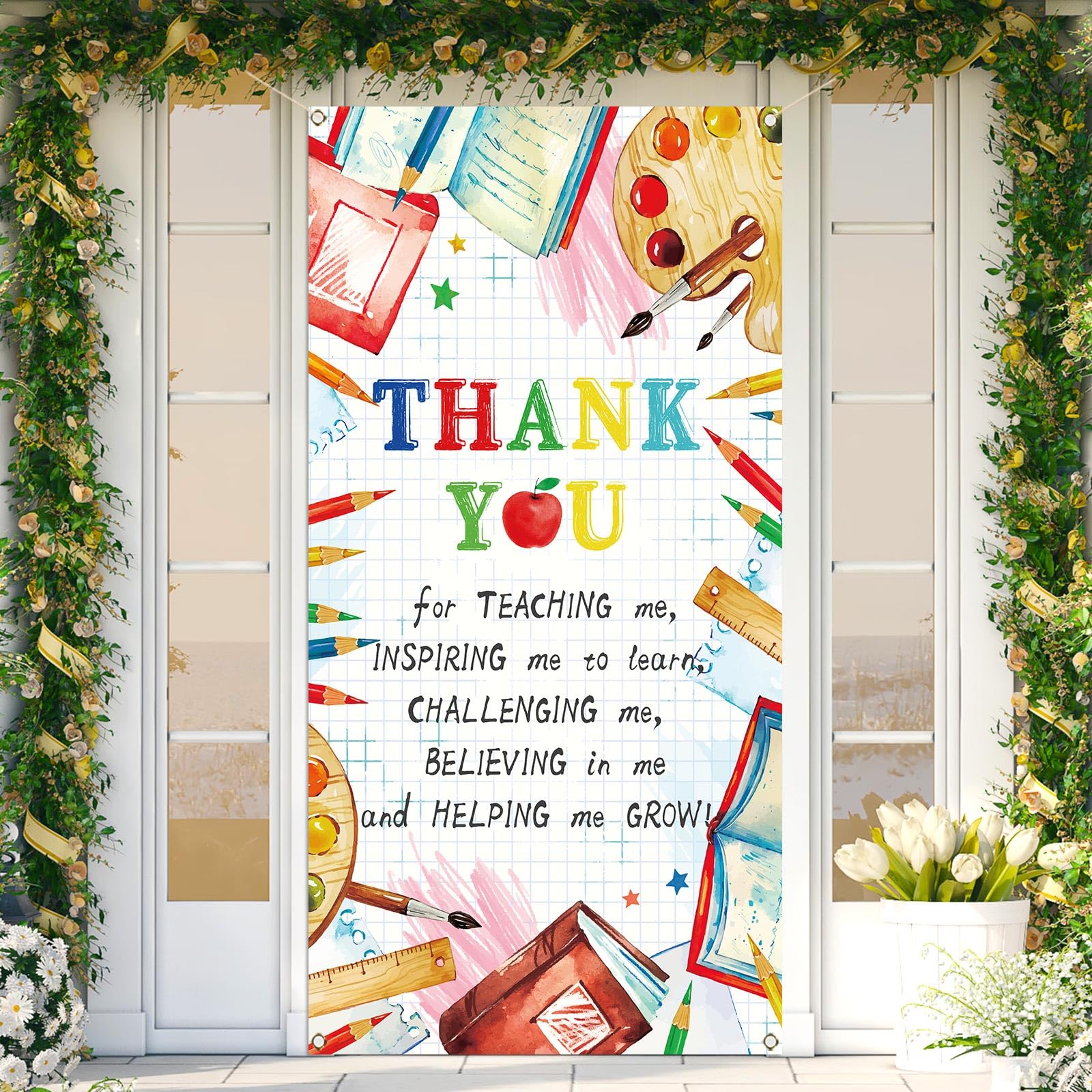 Sunwer Thank You Teachers Door Cover Teacher Appreciation Week Party Decoration School Classroom Front Porch Sign Backdrop Banner
