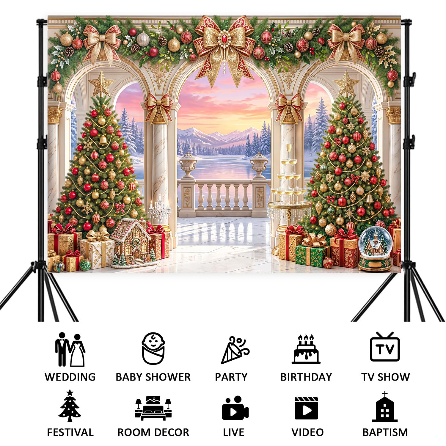 Fondo de arco de mármol de Navidad de 3 x 8 pies, fondo de fotos de montaña