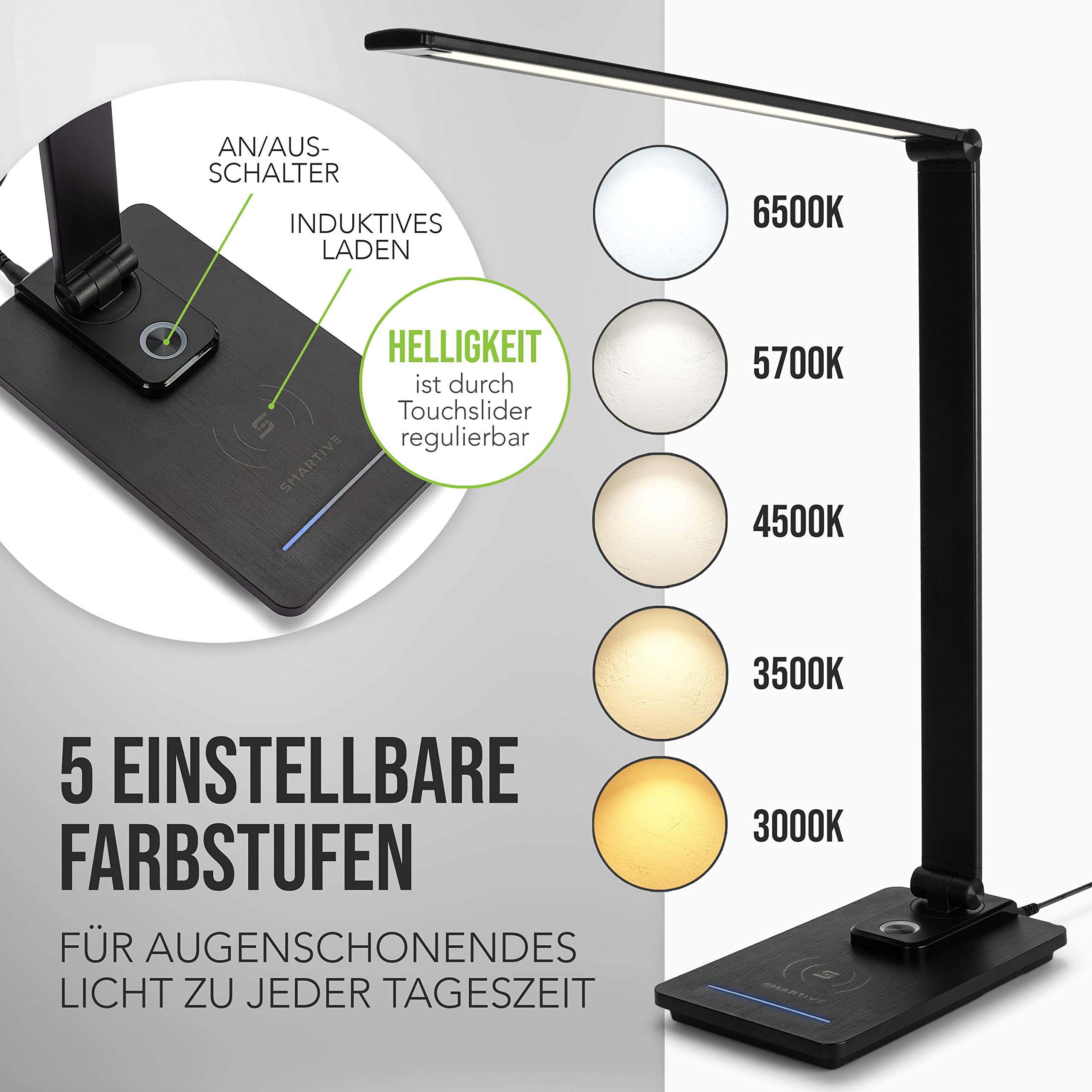 SMARTIVE | Design Schreibtischlampe mit kabelloser Ladefunktion - LED Bürolampe mit 10W wireless charging - augenschonendes Licht dimmbar und Laden ohne Kabel | desk lamp schwarz + USB Ausgang