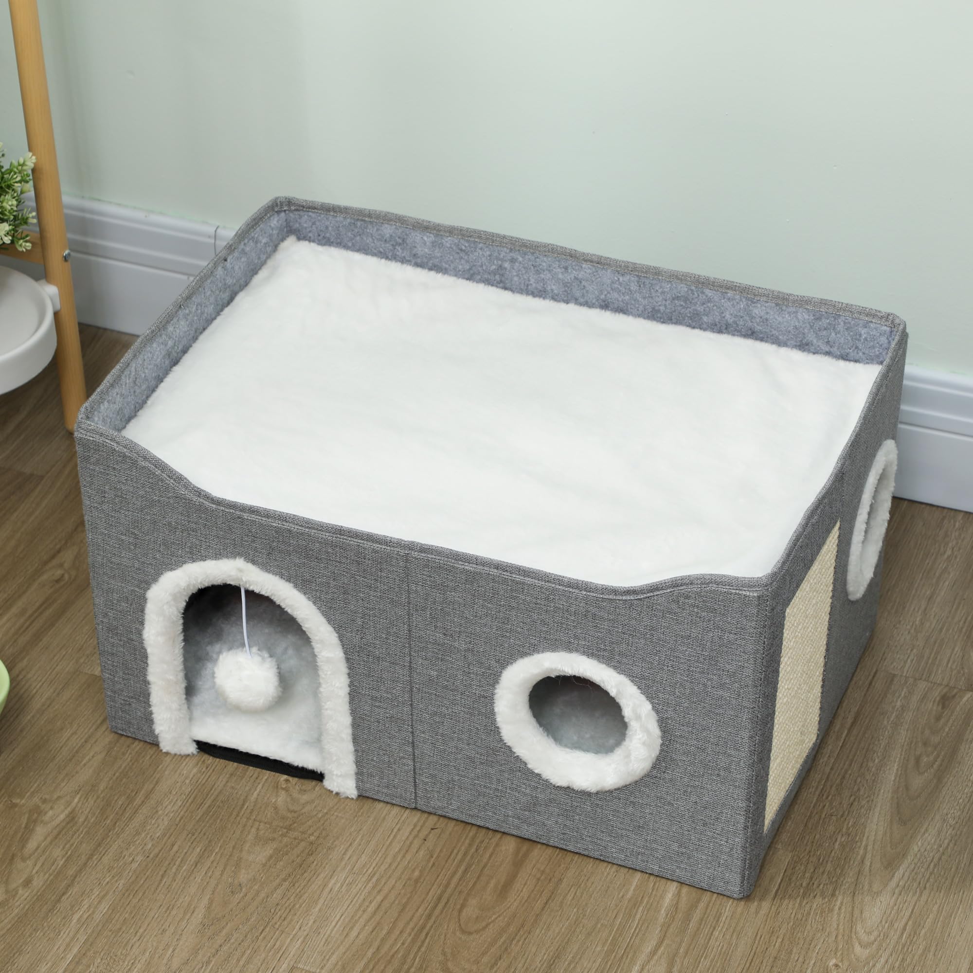 PawHut Casa para Gatos Plegable, Cama para Gatos con Rascador, 3 Entradas, Bola Colgante, Cojín Reversible en Felpa y Tipo Lino, para Interior, 60x40x34 cm, Gris