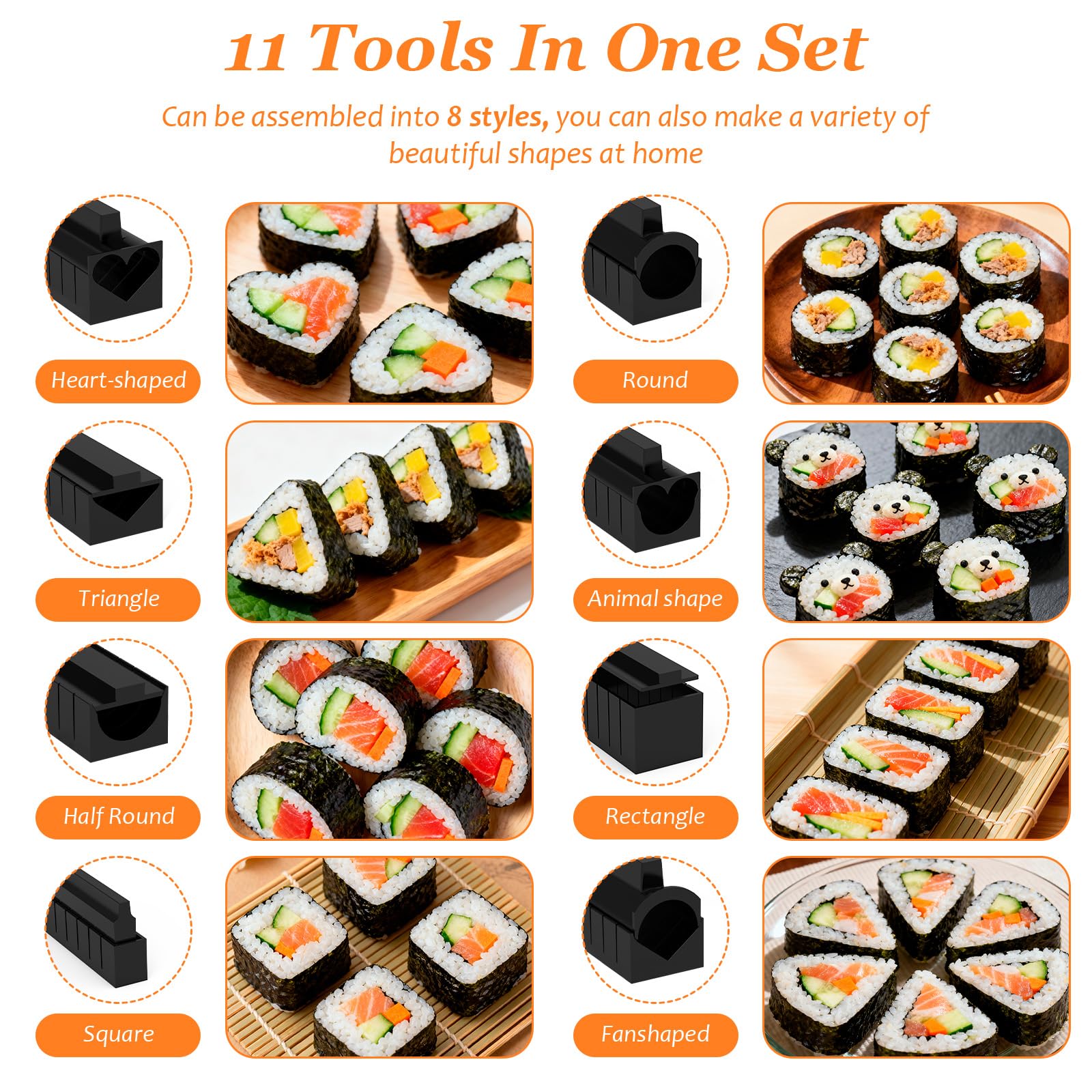 Sushi Maker Completo, Kit da 10 Pezzi con Stampo, Cucchiaio per Riso, Raschietto e Coltello Set per Preparare il Sushi Fai Da Te per Principianti, Fai Da Te e Kit Completo per Prepararlo a Casa