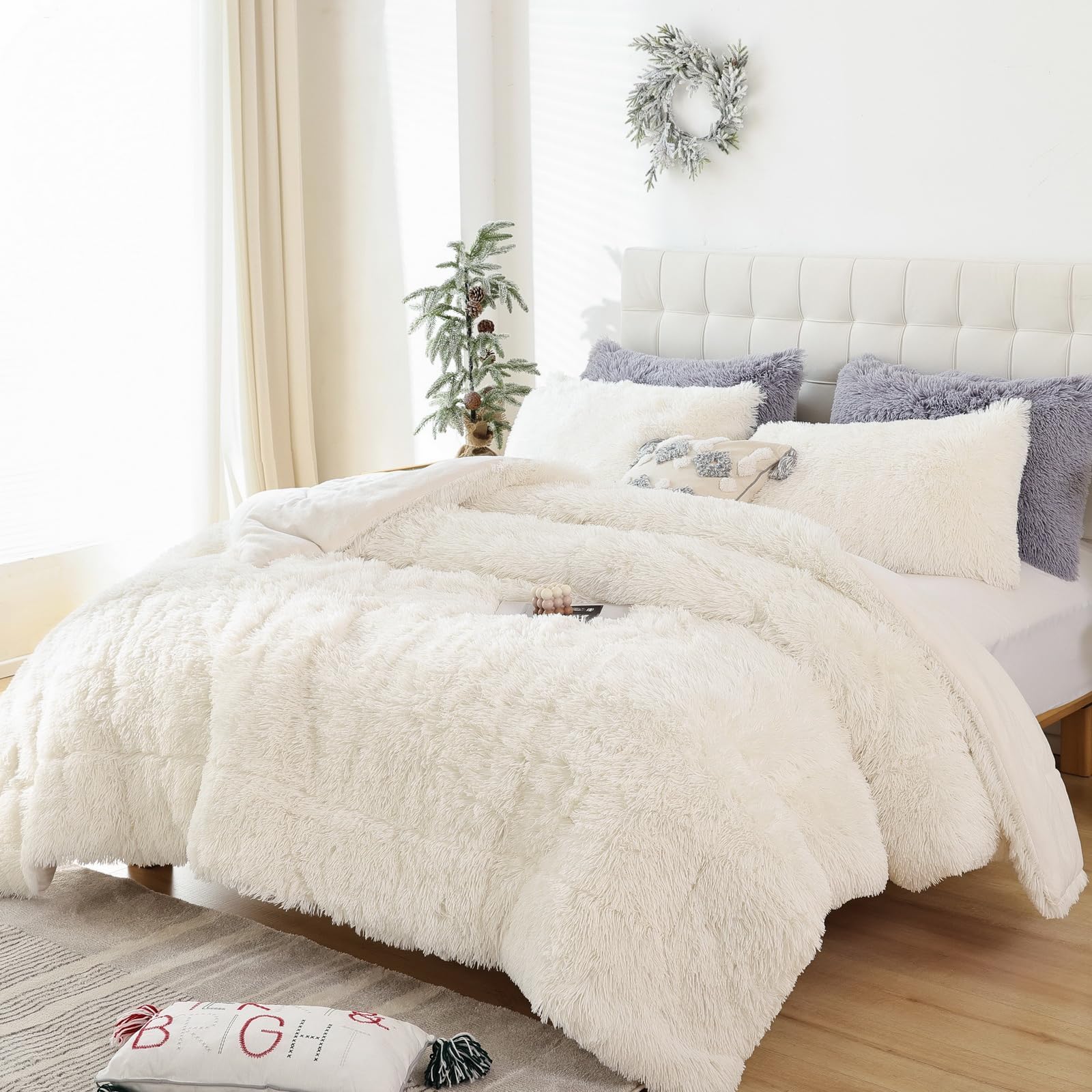 Smoofy Fluffy Queen Comforter Set, Beige Faux Fur Comforter Set 3 Pieces | Luxury Fuzzy Queen Size Bedding Set, Soft Plush Bed Set for All Season, 1 Cozy Comforter & 2 Pillowcases-image-18