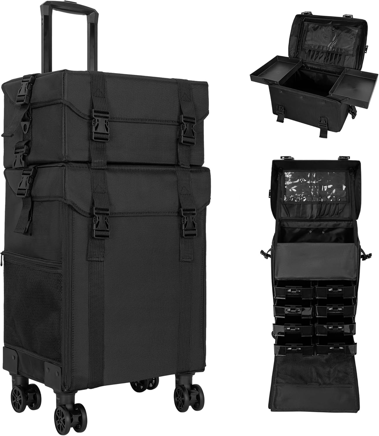 2 in 1 Makeup Travel Case, Multi-drawer Cosmetics Organizer Travel Makeup Case with Wheels, Rolling Case