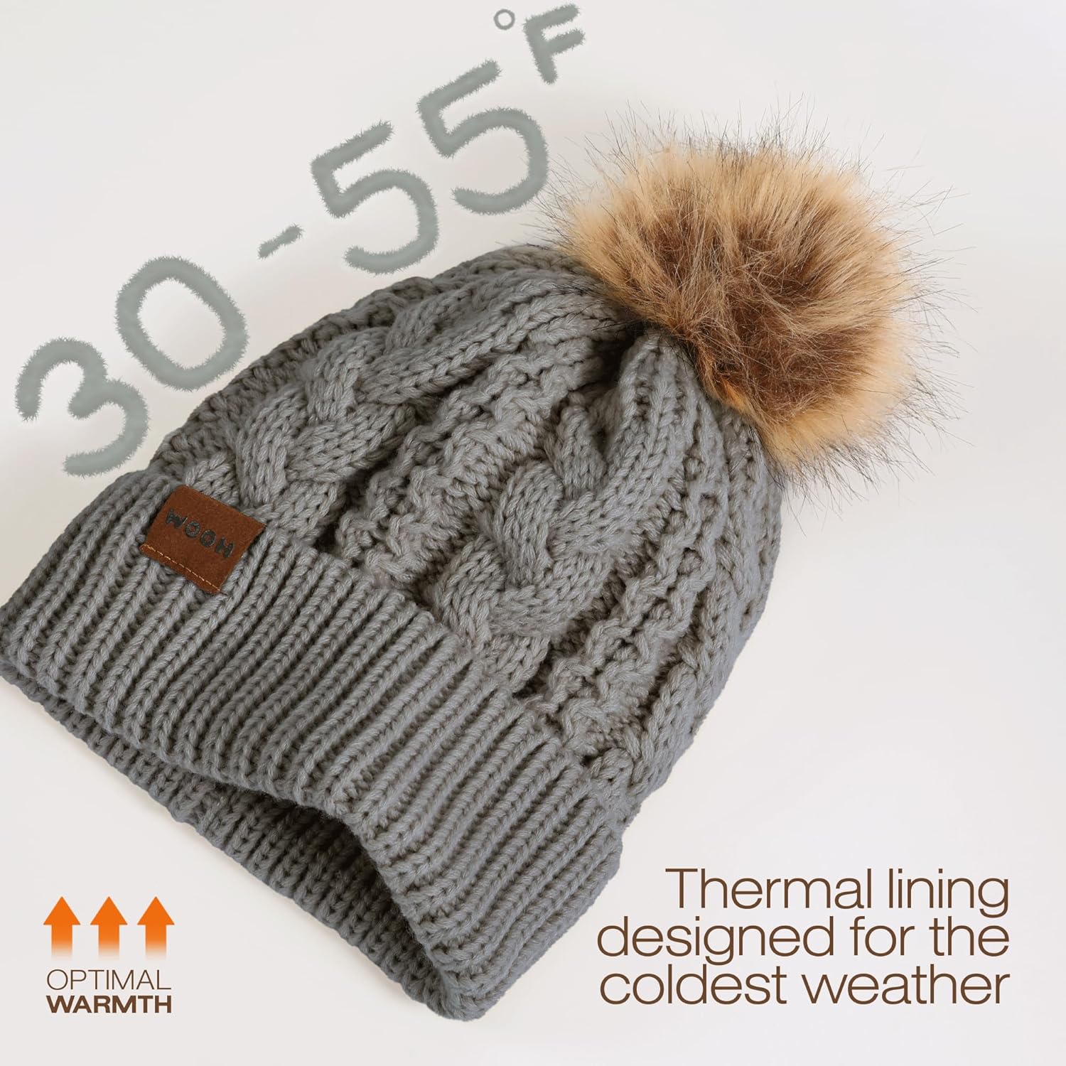WOOH Womens Beanies for Winter,Knit Hat with Faux Fur Pom Pom Beanie for Women,Warm Fleece Lined,Less Static - Image 2