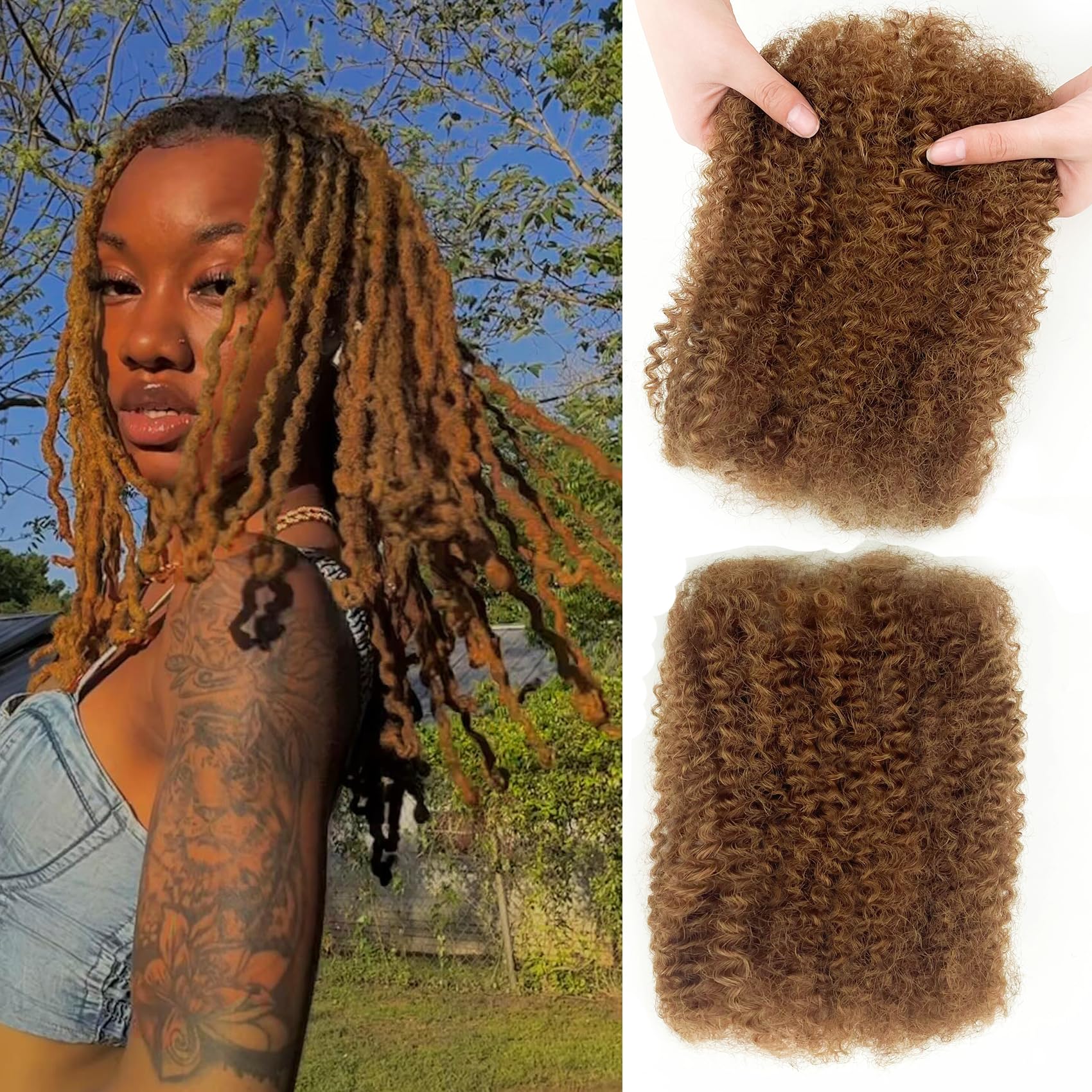 14 Inch Afro Kinky-Curly Human Hair Bulk for Twist Honey Brown Human Kinkyhair for Mini Twist,Dreadlocks Extensions