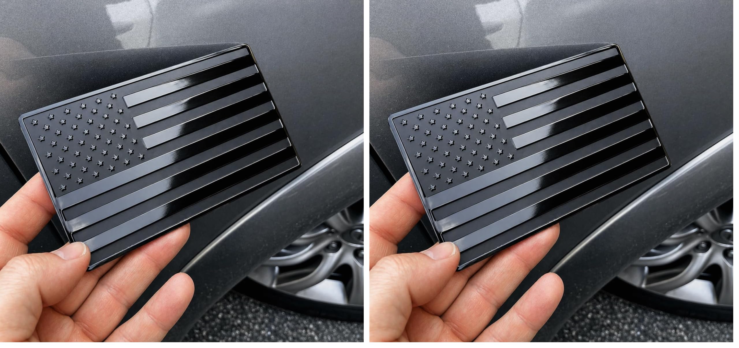 Black American Flag Emblem for Cars, Trucks &amp; SUVs – Embossed Aluminum Metal Badge with Adhesive Backing for Fender, Trunk, Tailgate, 5" x 3" (Pack of 2)