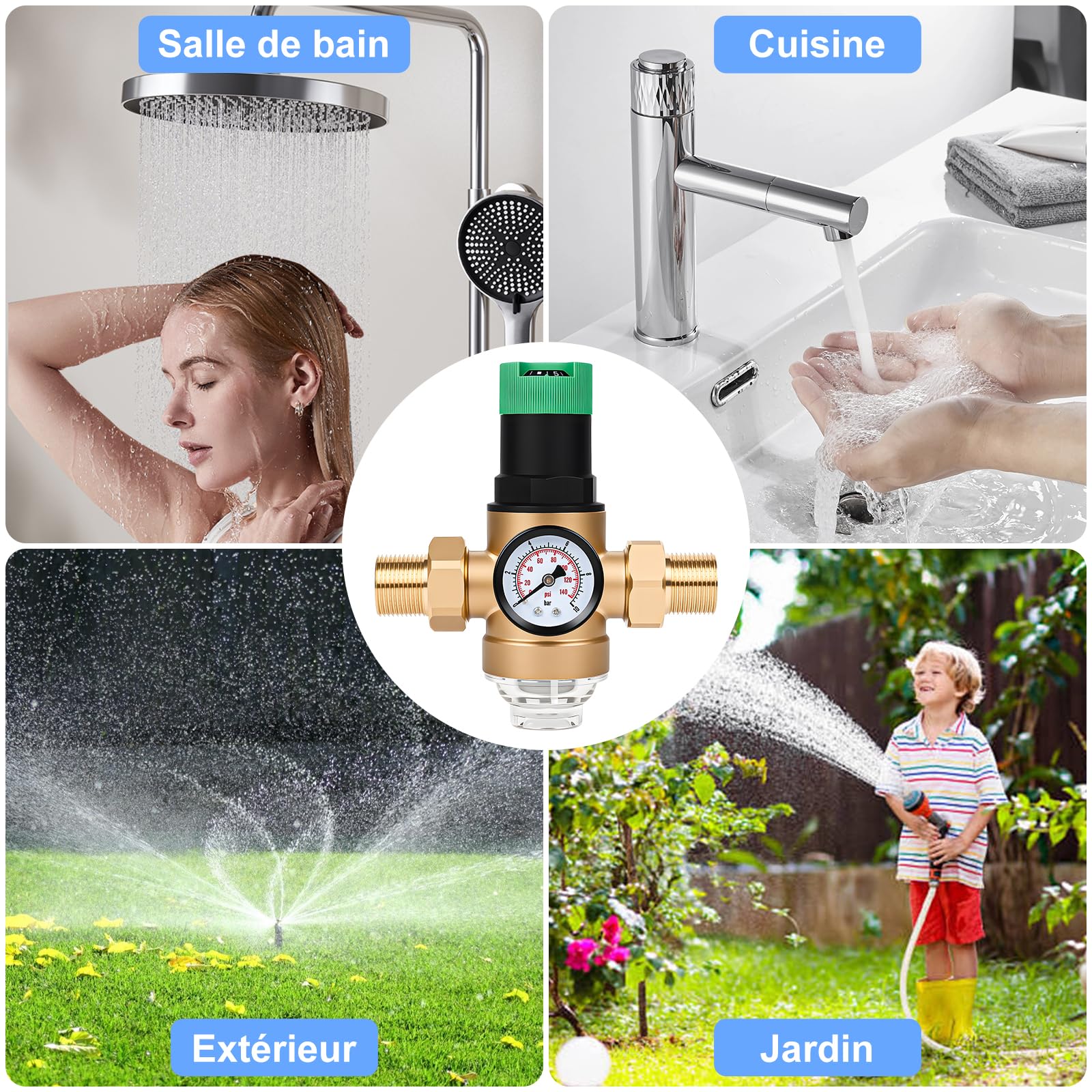 Diealles Shine Réducteur de pression d'eau 3/4", régulateur de pression d'eau avec manomètre et filtre à tamis, valve réducteur de pression régulateur de pression en laiton pour maisons, bâtiments