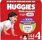 Huggies Taille 4 Couches pour bébés, petits déménageurs HuggFit 360° Couches pour bébés avec 360° Bandeau, taille 4 (22-37 lb), 144 Compte, l'emballage peut varier