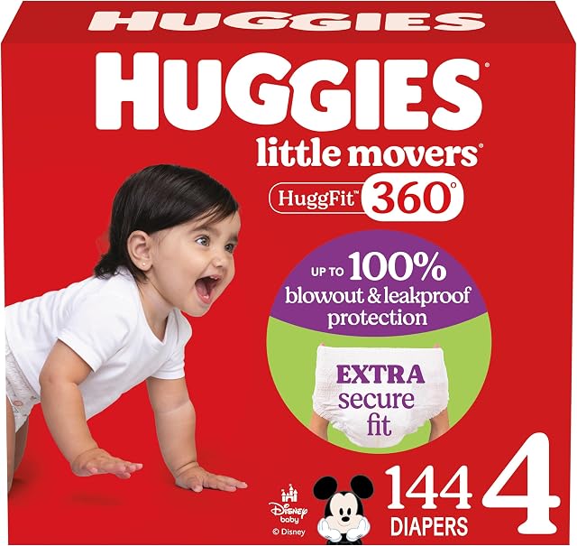 Huggies Taille 4 Couches pour bébés, petits déménageurs HuggFit 360° Couches pour bébés avec 360° Bandeau, taille 4 (22-37 lb), 144 Compte, l'emballage peut varier