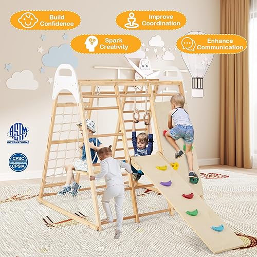 Miniatura 6 de HONEY JOY Gimnasio de la selva interior 8 en 1, juego de escalador de madera con columpio, tobogán, pared de roca escaladaredescalera, barras de