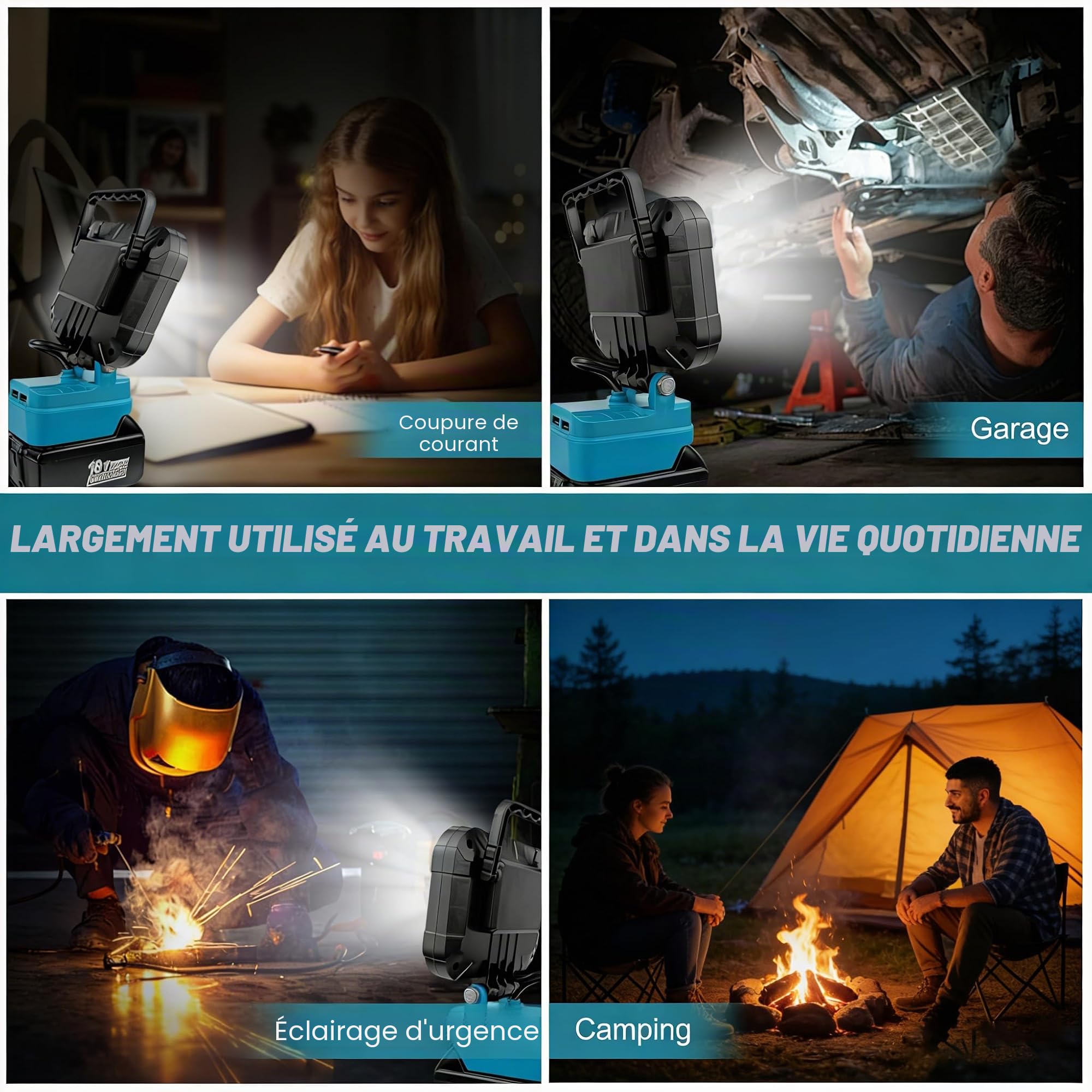 Lampe Led Rechargeable pour Batterie Makita 18V | 4800LM lampe de travail LED Sans Fil avec 2 ports Pour Garage Camping Chantier, Sans Batterie