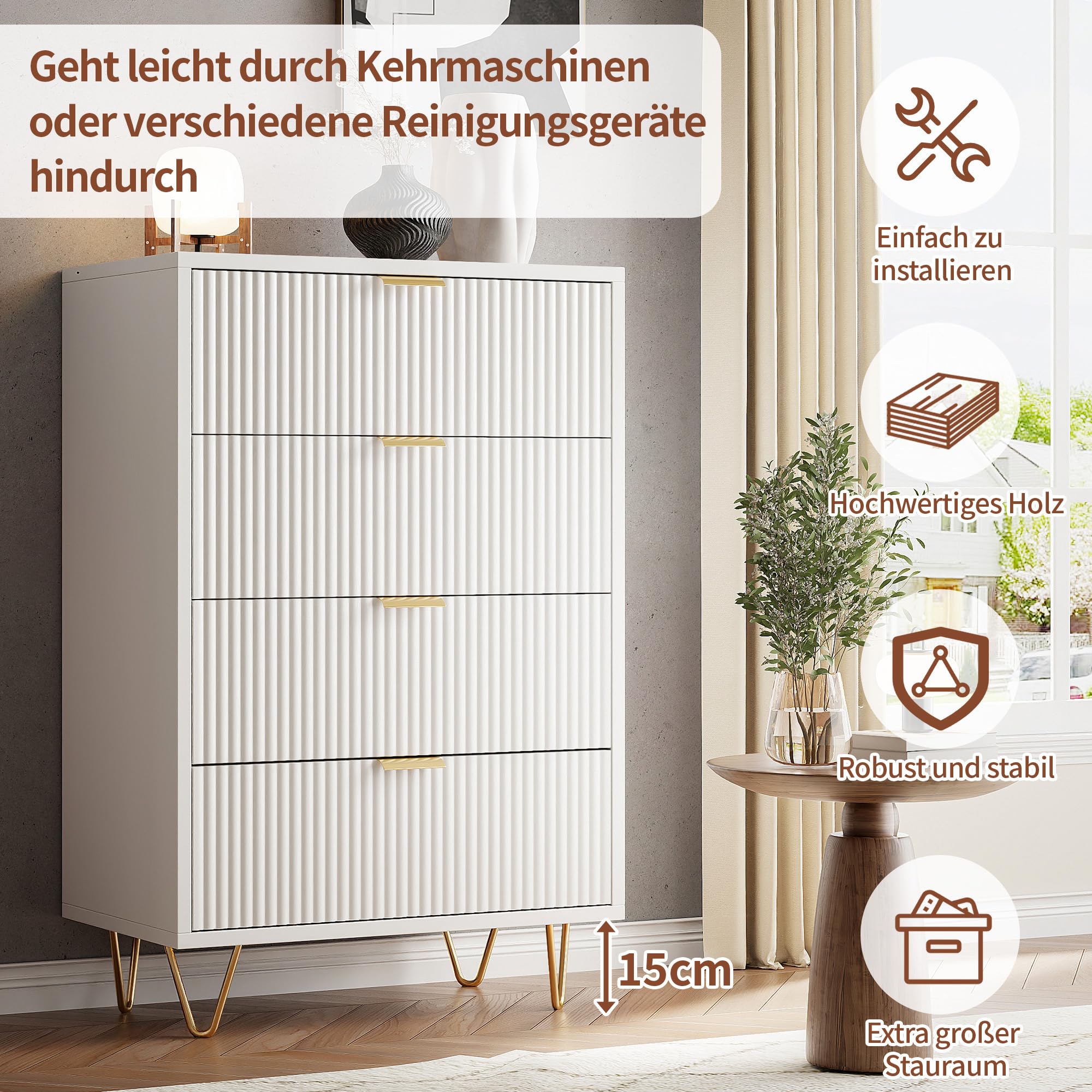Cómoda blanca con 4 cajones, cómoda para dormitorio adulto, mueble de almacenamiento de madera, tocador, aparador de almacenamiento, mueble cajón para pasillo, dormitorio, salón, cuarto de