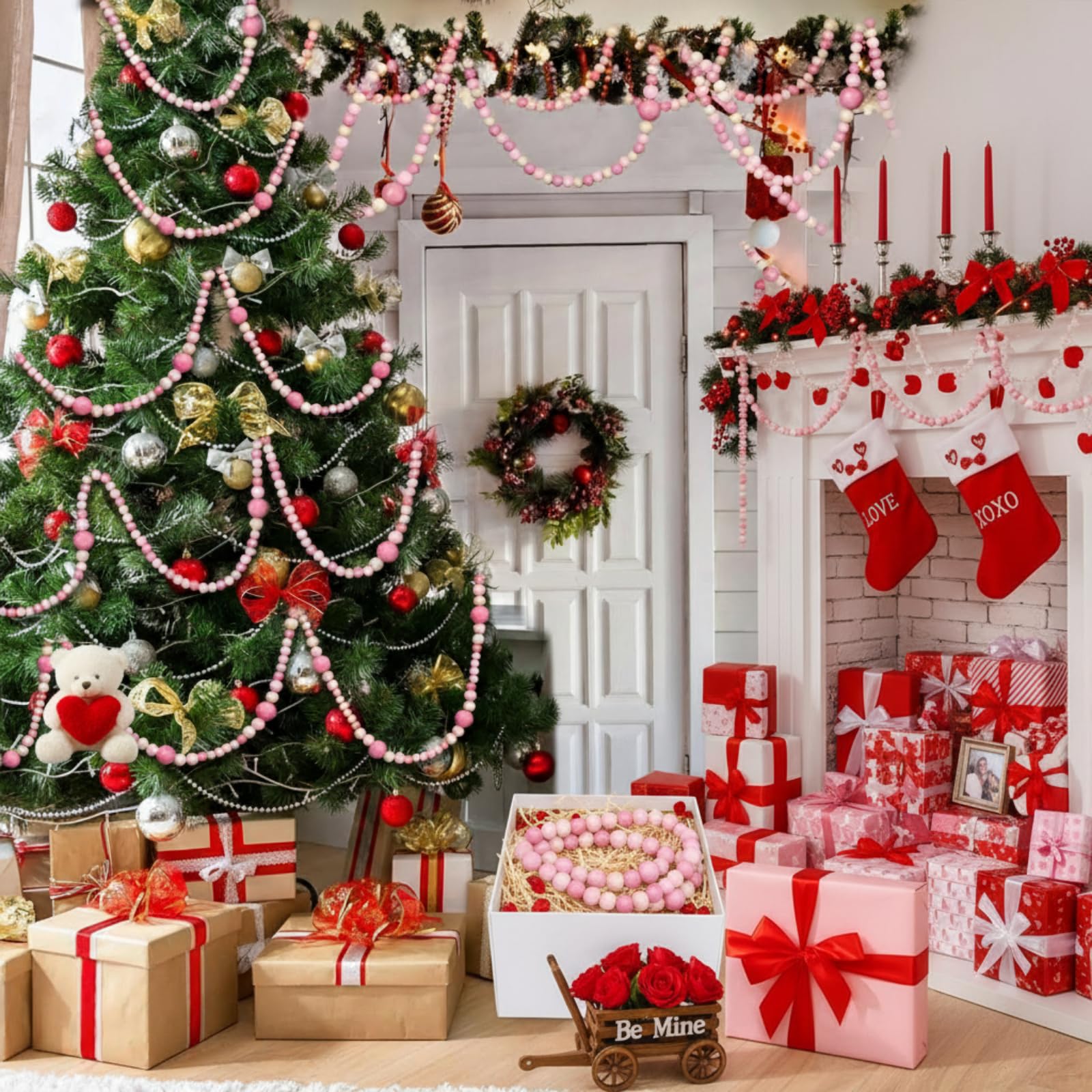 Bucherry Lot de 4 guirlandes de perles en bois de Noël de 8 m de style bohème et rustique, décoration d'intérieur à suspendre pour mur de sapin de Noël, 2,5 m (blanc, rose)