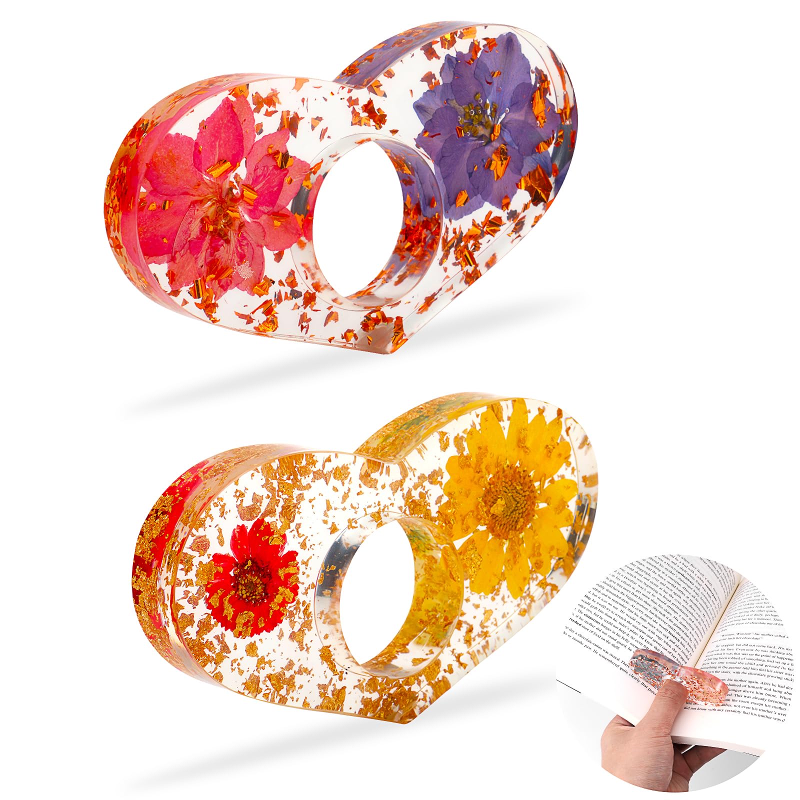 TIESOME Sujeta Páginas de Libro en Forma de Corazón, 2 piezas Flores Secas Pulgar Sujetador de Libros Resina Sujetador de Libros Pulgar Anillo de Lectura Abrelibros Accesorios de Lectura