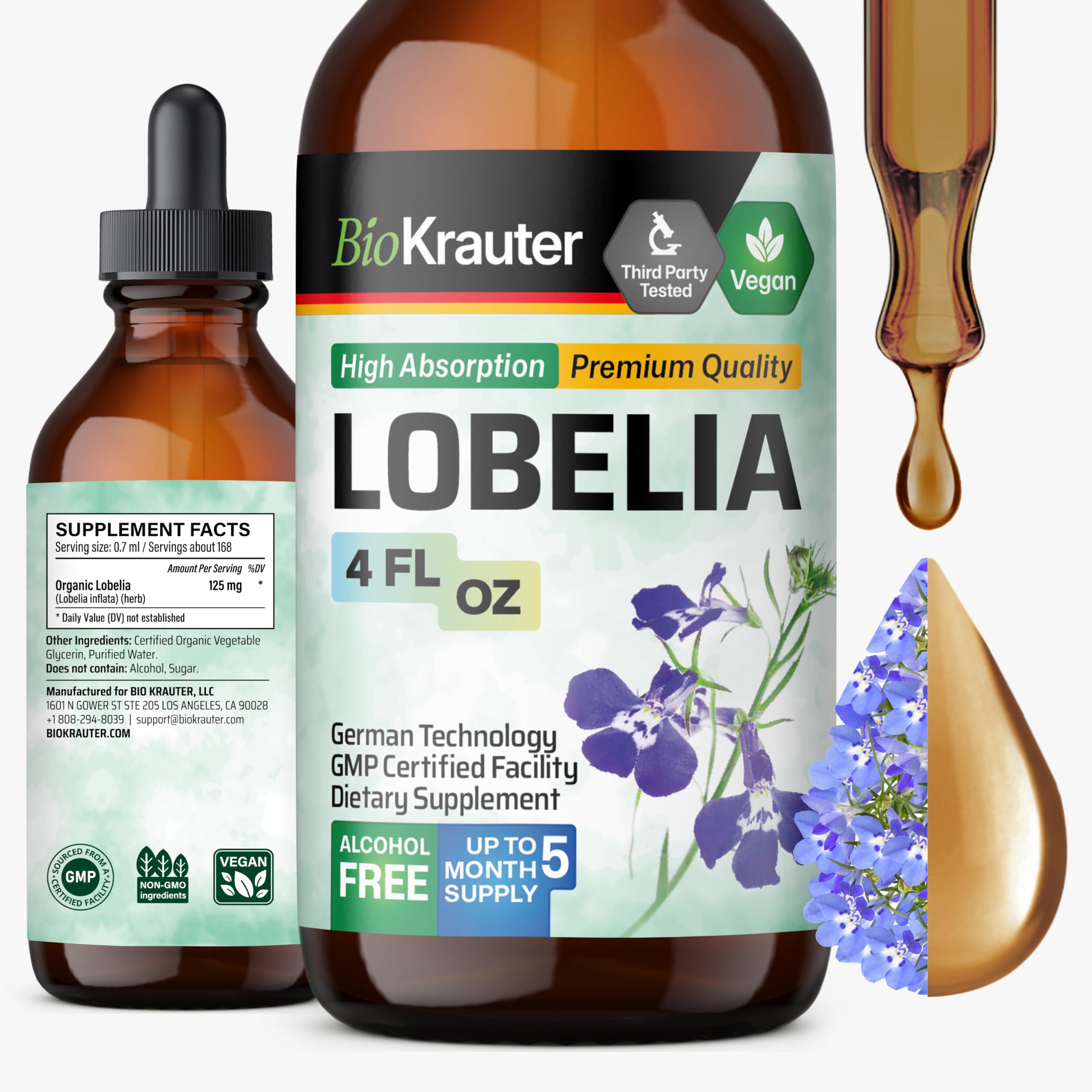 BIO KRAUTER Lobelia Tincture for Lung Cleanse & Detox - Pure Vegan Lobelia Herb Liquid Extract - 4 Fl.Oz 168 Days of Supply - Breathing & Respiratory Support Supplement - Alcohol & Sugar Free, Non-GMO