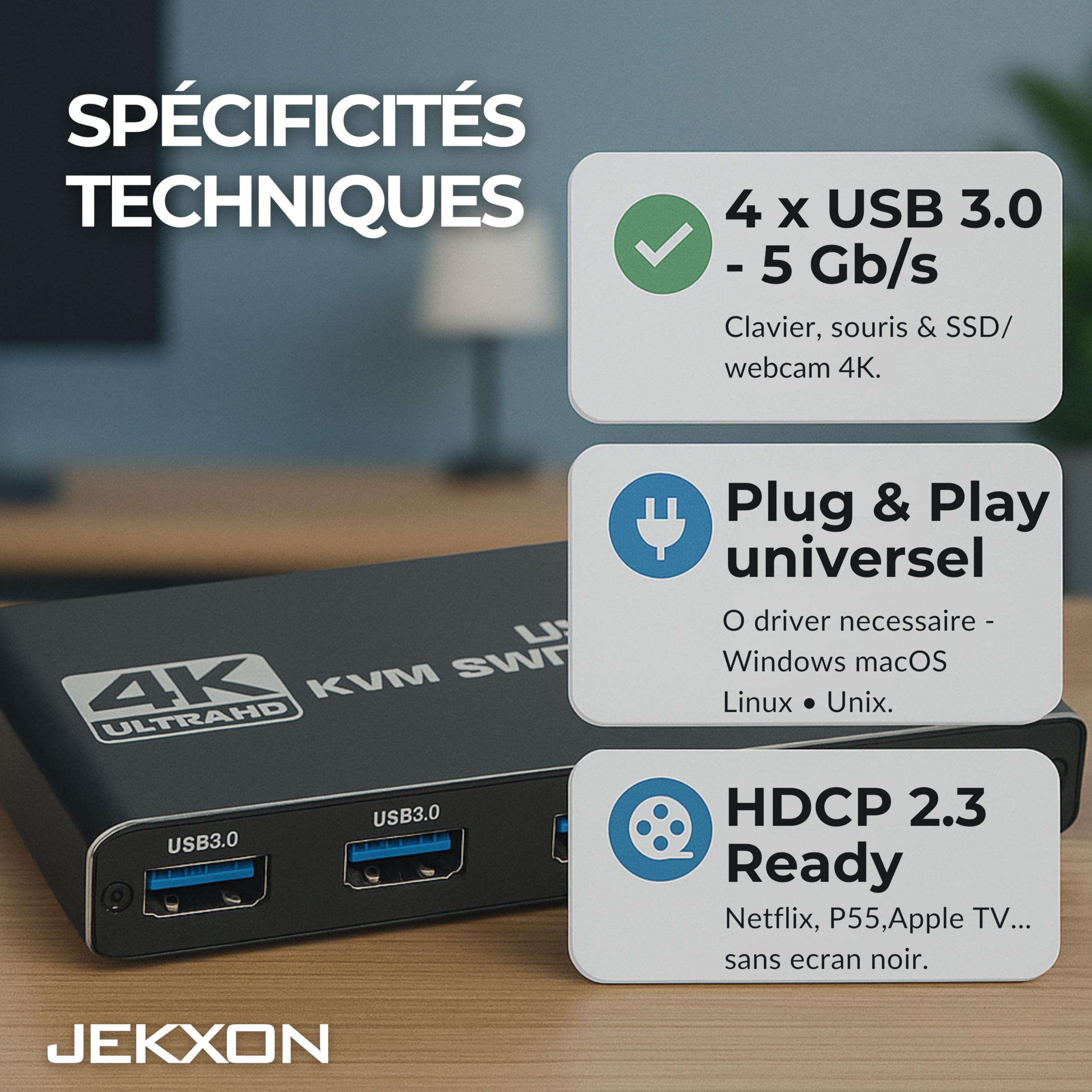 KVM Switch HDMI 4K 120 Hz – Pack Câbles & Adaptateurs Inclus – Commutateur KVM 2 PC 1 Écran USB 3.0 | Boîtier Aluminium Noir Mat Compact 12 cm | Compatible Windows/macOS / PS5 | Plug&Play 0 Latence