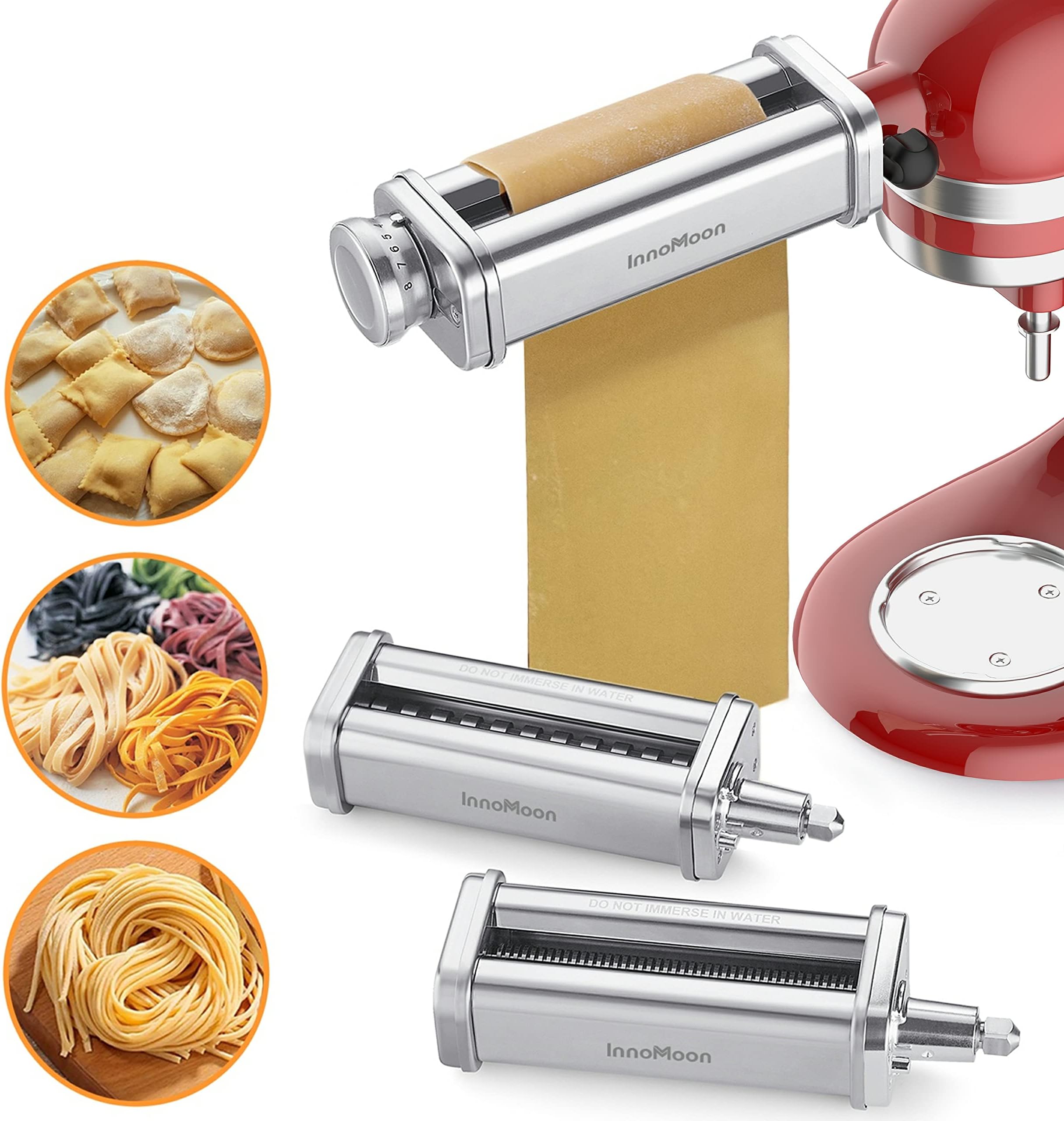 Pasta Attachment for KitchenAid Stand Mixer, 3 Piece Pasta Rollar & Cutter Set Included Pasta Sheet Roller, Spaghetti and Fettuccine Cutter, Stainless Steel for Kitchenaid Pasta Attachment