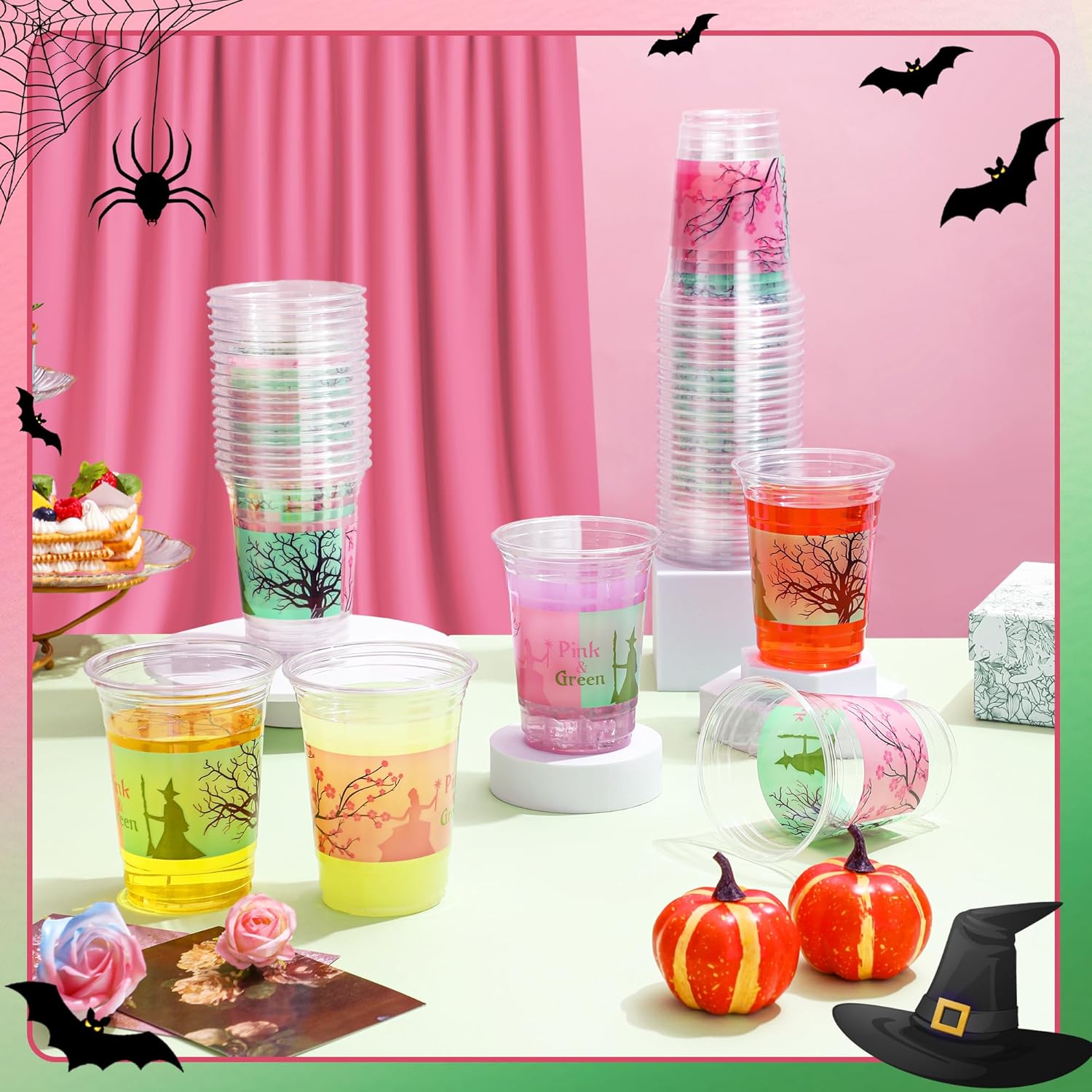 100 Pcs Witch Theme Party Decoration Plastic Cups Bulk,16 Oz Cute Clear Disposable Drinking Cups for Witch Movie Birthday Wedding Halloween Summer Tropical Shower Party Supplies Favors - Image 3