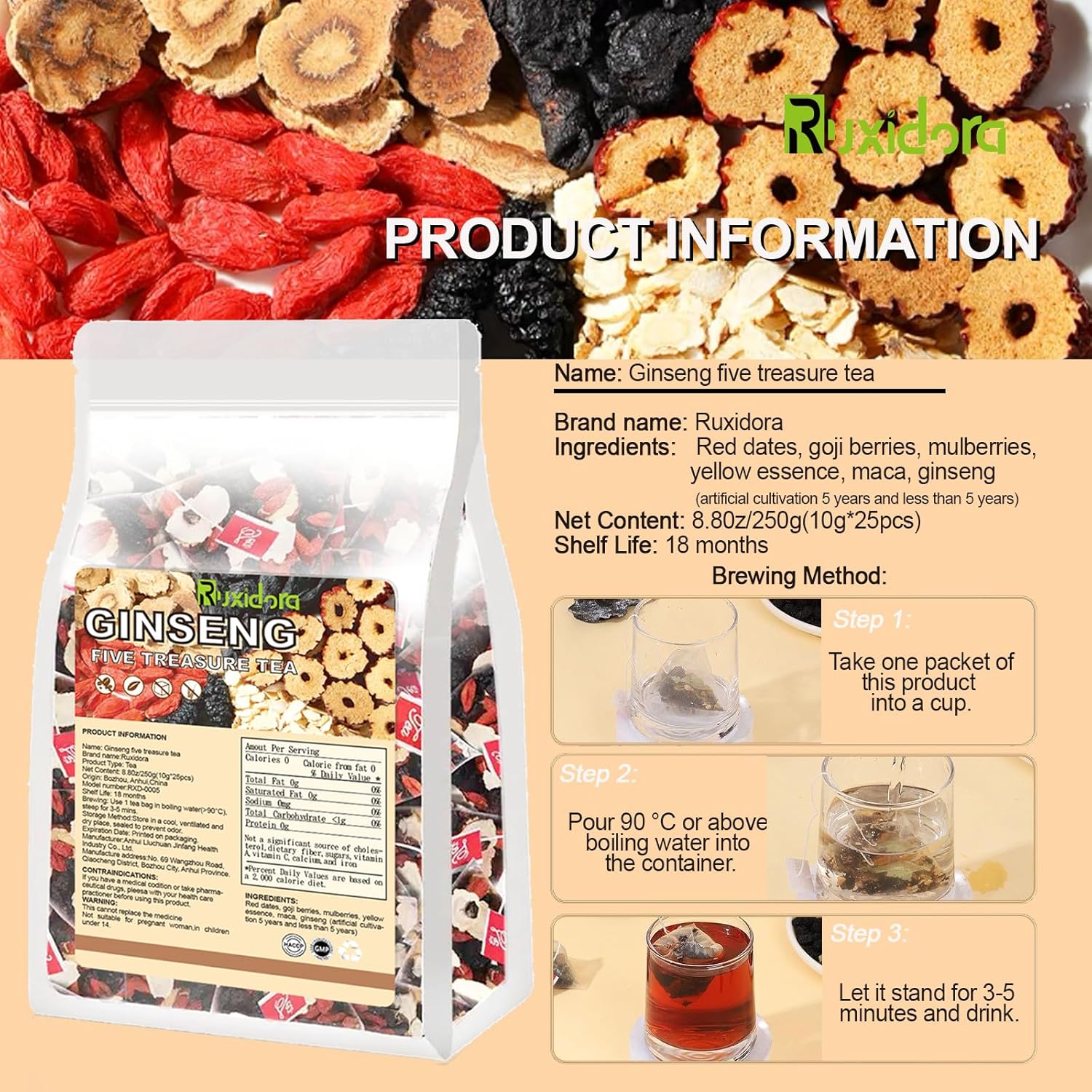 Ginseng Five Treasures Tea Kidney Tea | 25 Organic Tea Bags,Traditional Chinese Herbs Blend | Natural Wellness Support with Red Dates & Wolfberry | Caffeine-Free & Additive-Free - Image 3