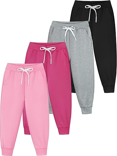 Resinta 4 Pack Girls' and Toddler Sweatpants Kids Active Jogger Pants Girls Casual Pull On Pants with Drawstring Pockets