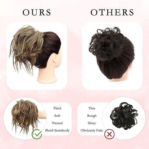 Miniatura 3 de MORICA 2 piezas de cabello de moño desordenado, coleteros de moño desordenado para extensiones de cabello fino, rizado, ondulado, sintético, cola de