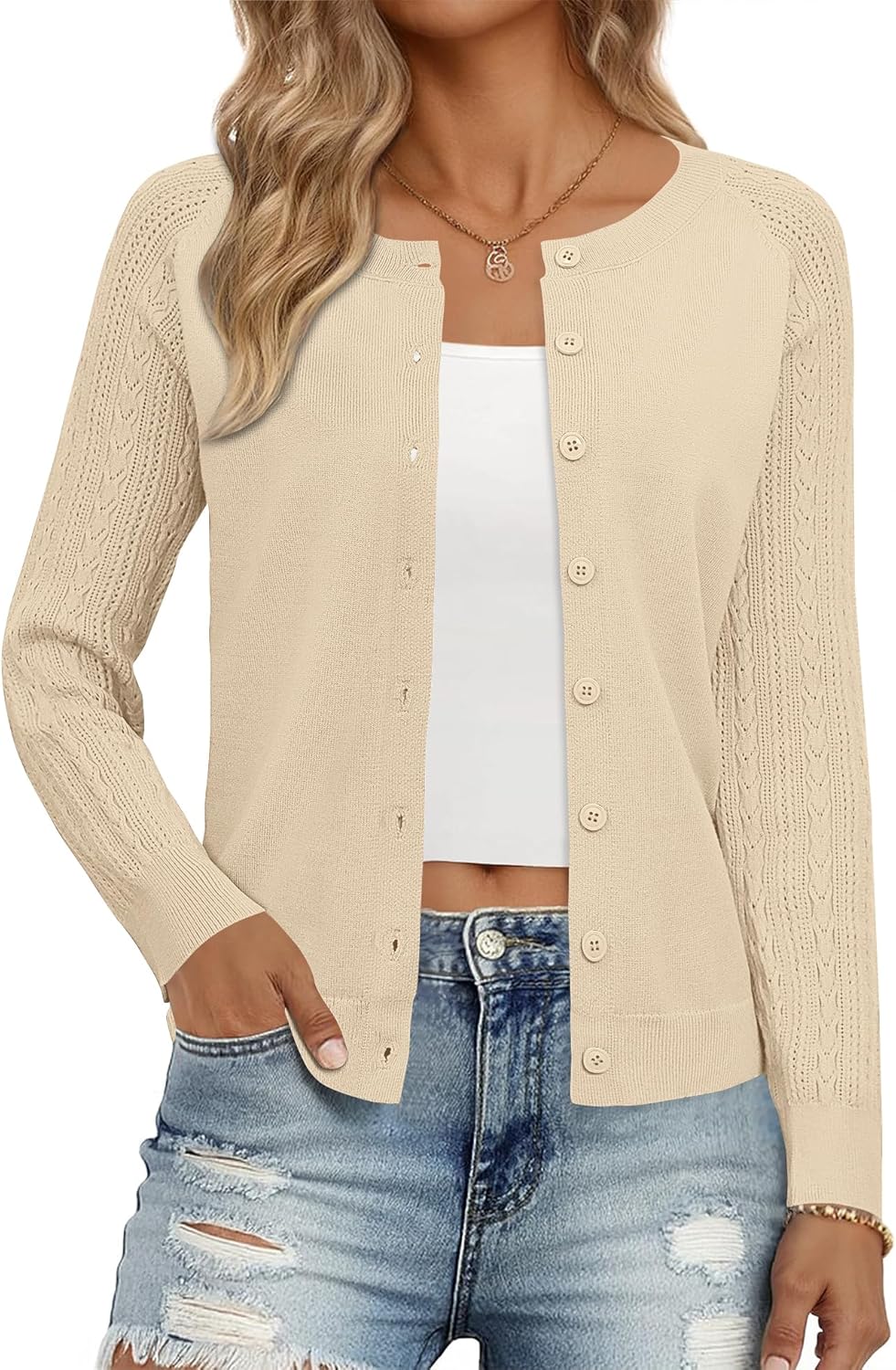 Ivicoer Women's Cardigan Sweater Button Up Cardigan Textured Sleeves Crew Neck Sweater Trendy Outfits 2026