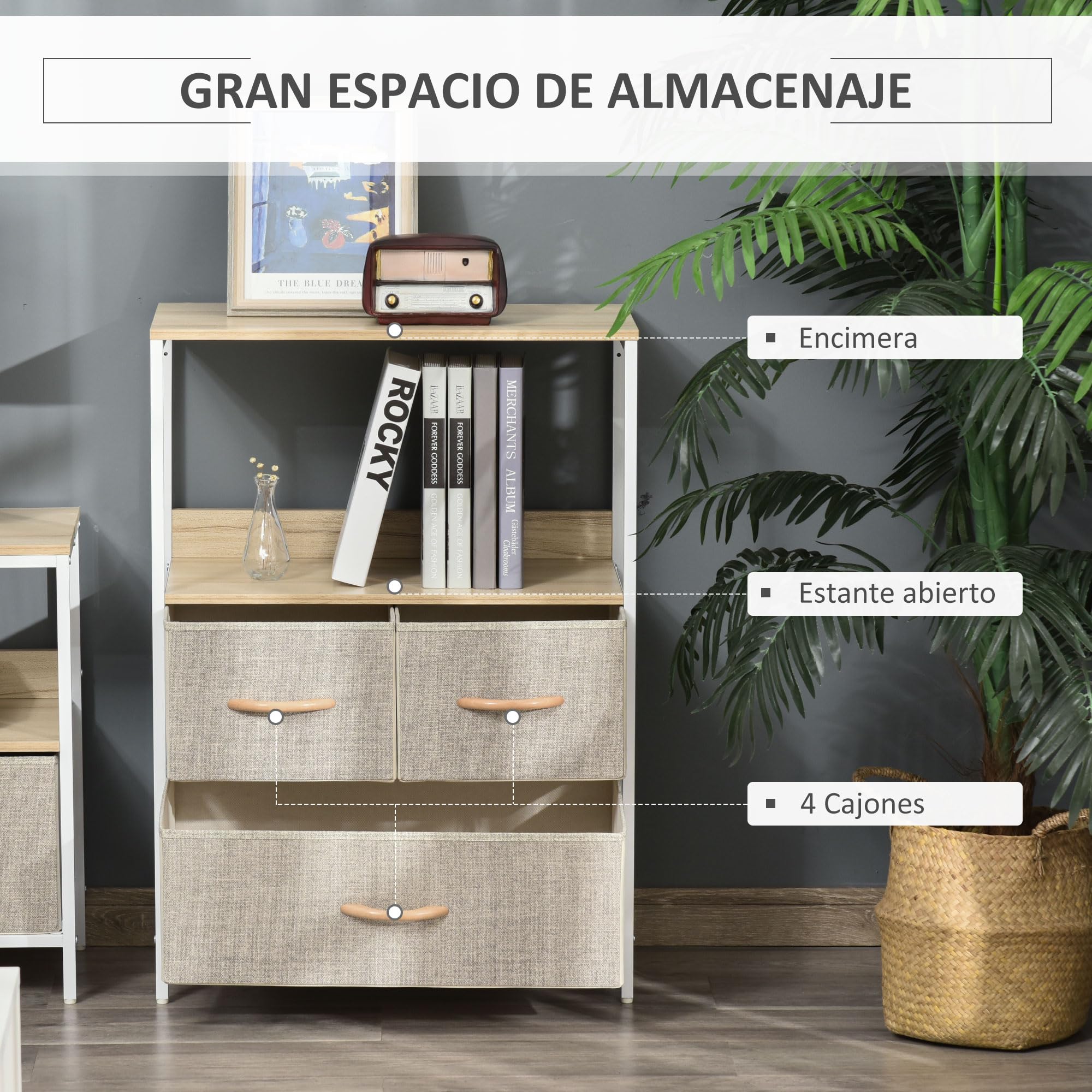 HOMCOM Cómoda con 4 Cajones Cajonera de Tela Compartimento Abierto Gris | Estructura Metálico, Dormitorio, Pasillo