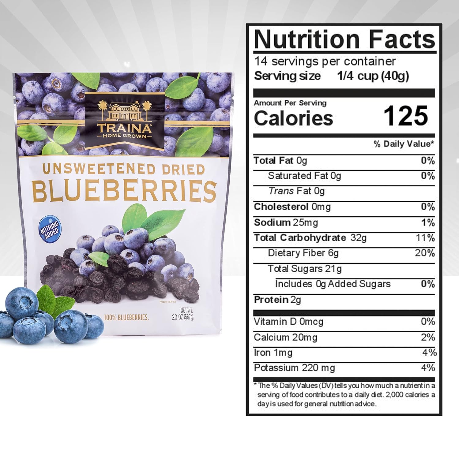 Traina Home Grown Unsweetened Dried Blueberries - Healthy & Non-GMO, Natural Sweet Flavor With No Sugar Added, Perfect Snack In Resealable Pouch (20 Oz)