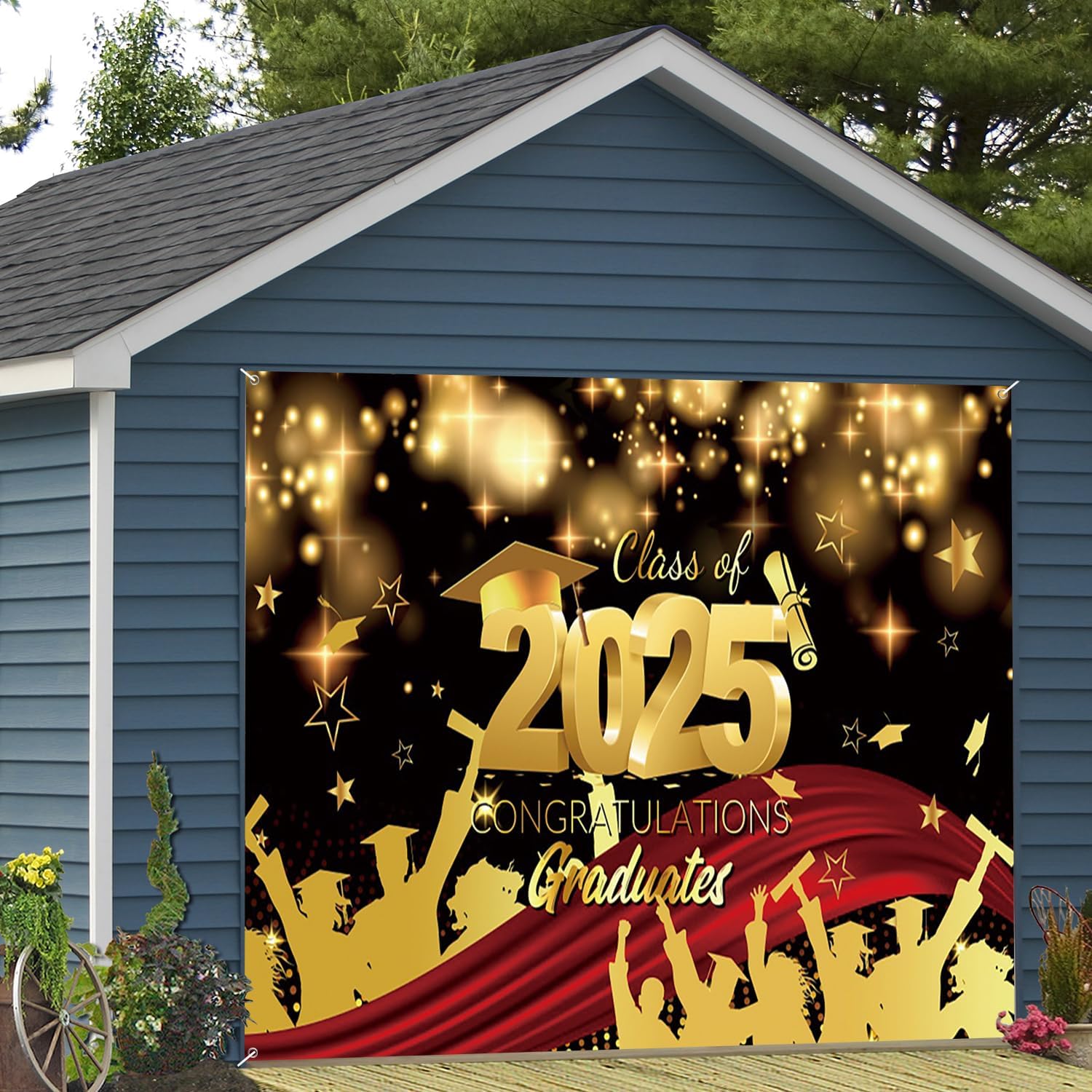 7x8ft Congratucations Graduates Garage Door Decor Class of 2025 Golden Graduate Shadow Shining Star Spots Red Carpet Photography Background Congrats Grad Party Decorations