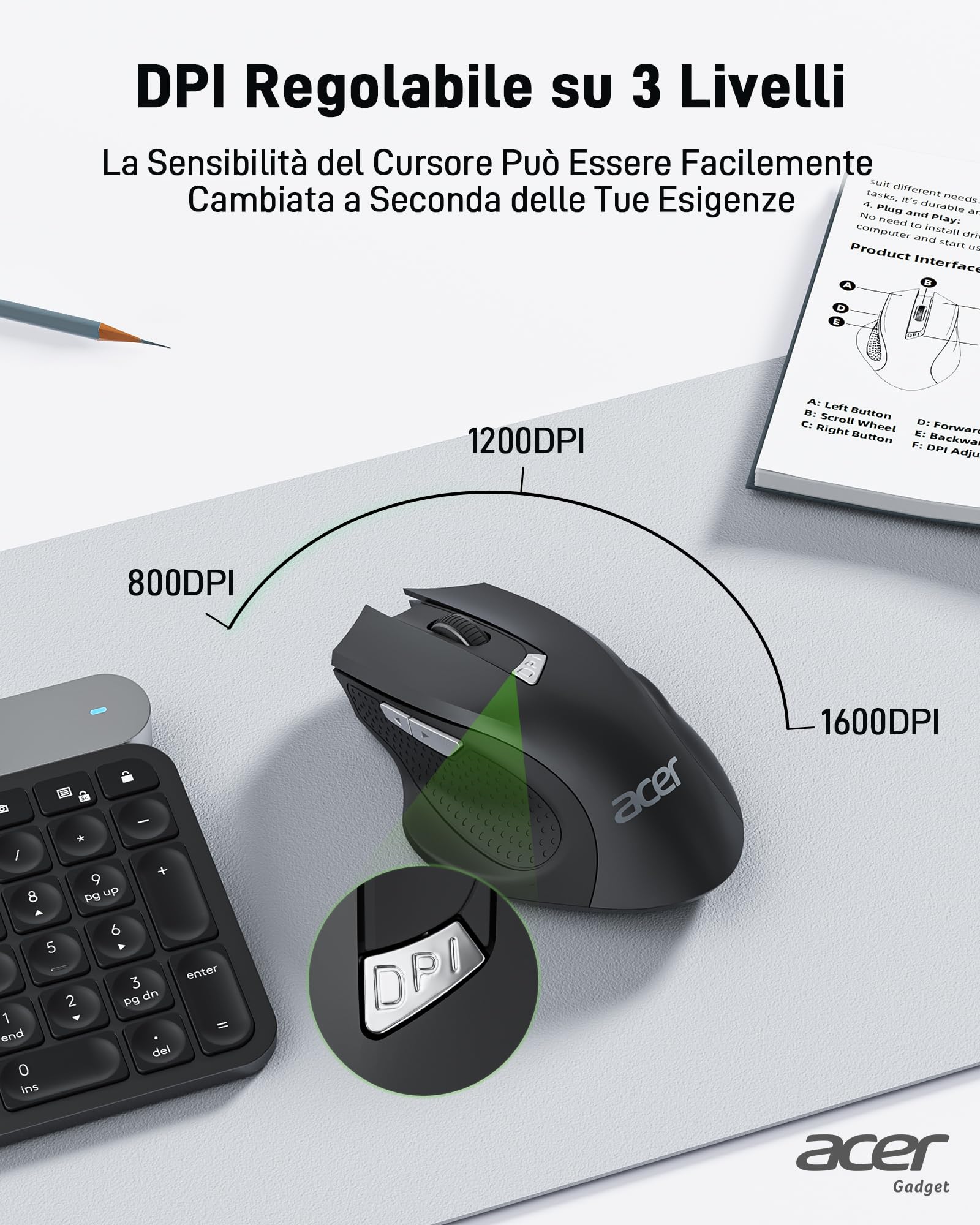 acer Mouse Senza Fili, Mouse Wireless USB 2,4 GHz, Mouse Computer Ergonomico Con Mini Ricevitore USB, 6 Pulsanti, 1600 DPI, Compatibile con Laptop, PC, Mac, Chromebook