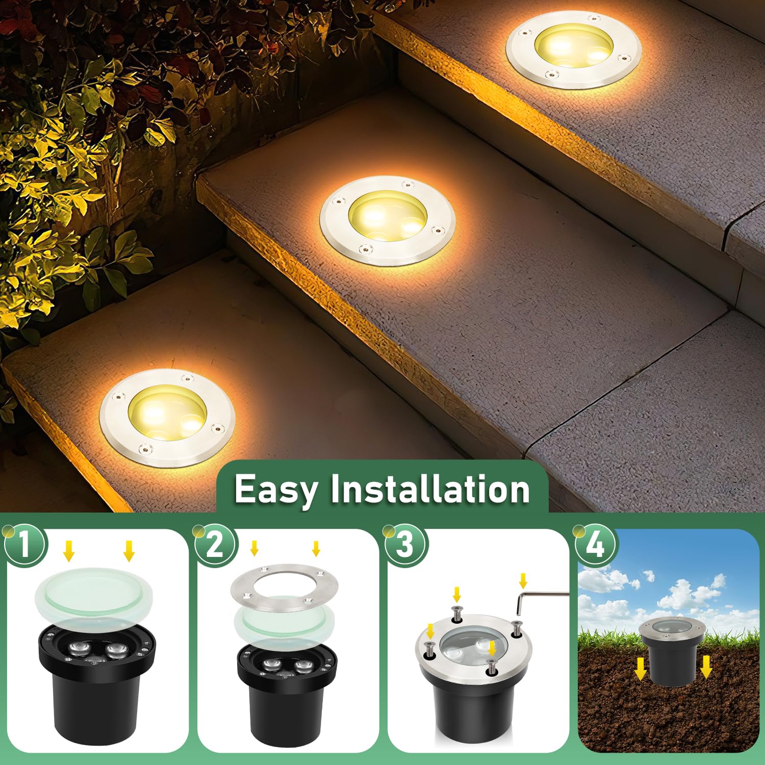Fiqops 8er Set Bodenstrahler außen mit LED 3W Warmweiß Lich IP65,Bodeneinbaustrahler aussen Schwarz matt rund,Bodenleuchten befahrbar 230V,Bodeneinbauleuchten für Boden Garten Pool Pflanzen
