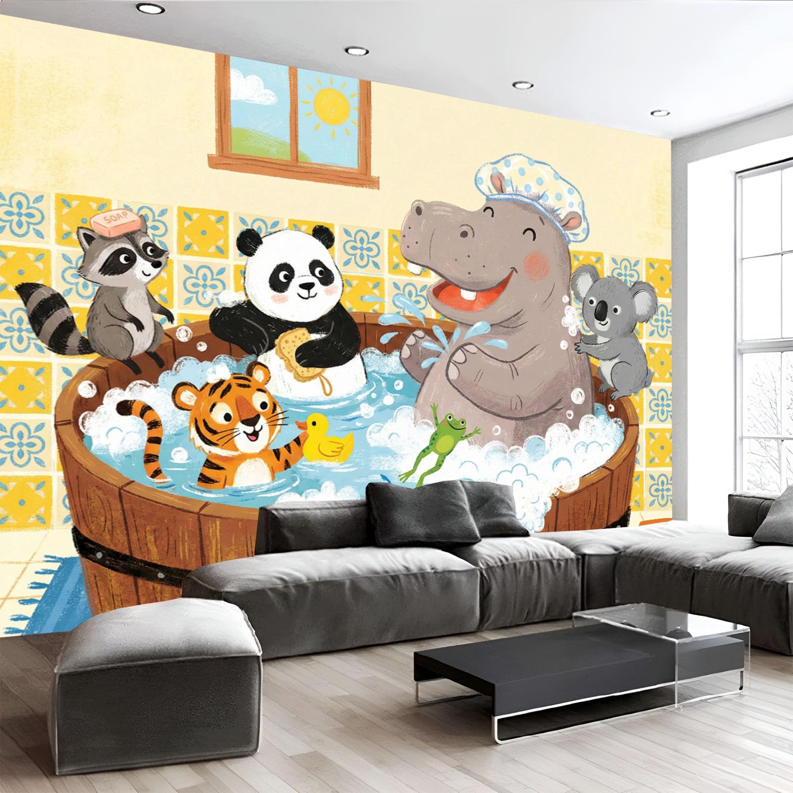 Mural fresque tigre et panda en soie haut de gamme 400x280cm