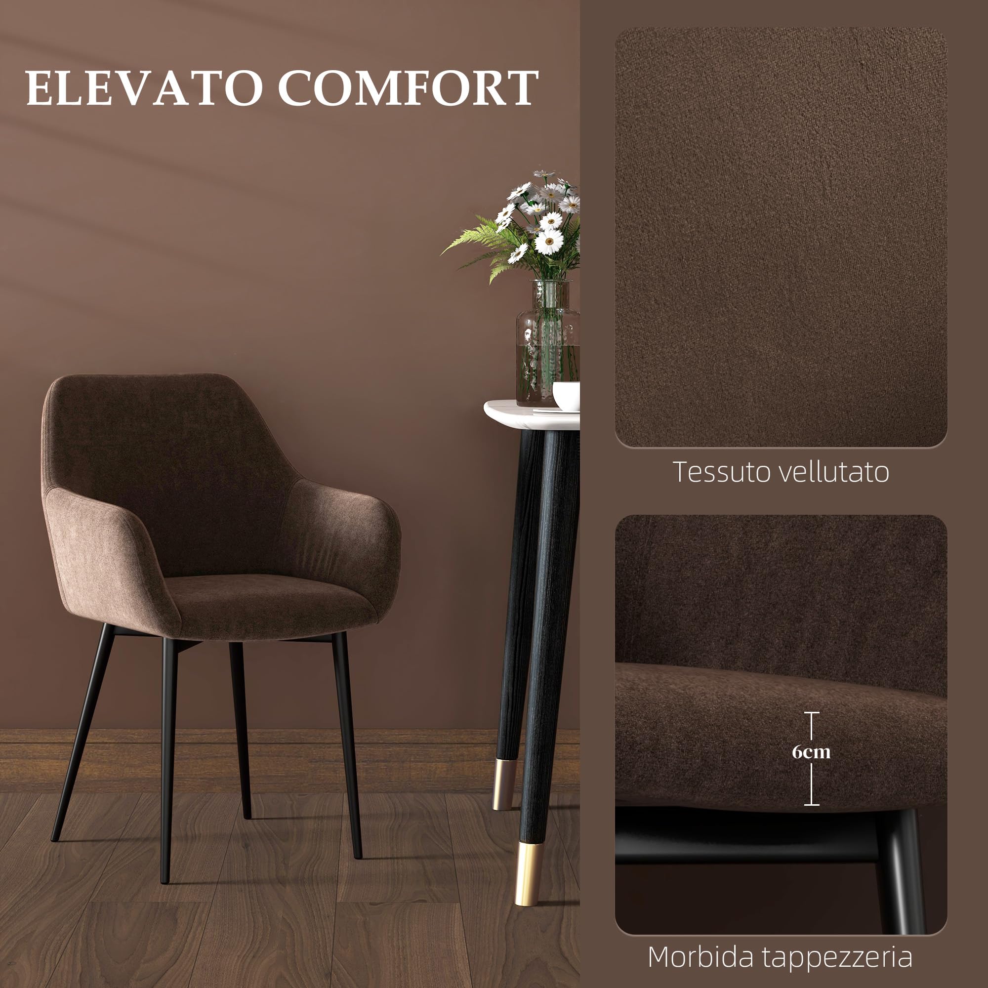 HOMCOM Set 2 Sedie Sala da Pranzo Imbottite in Stile Nordico, Sedie Cucina in Tessuto, Poltrona Imbottita con Braccioli e Gambe in Acciaio per Soggiorno, 54x57x80 cm, Marrone