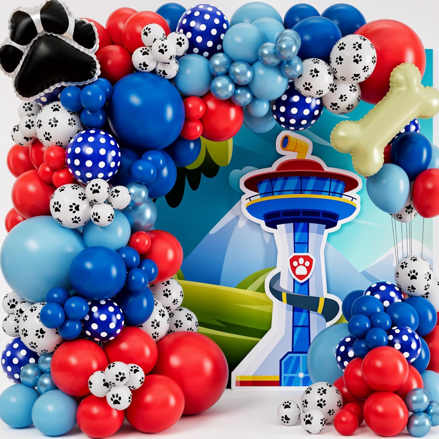 ALL-IN-1 Paw Balloon Arch & Garland Kit with BONUS Dog Bone – Small and Large Red, Dark Blue Paw Balloons – Paw Birthday Party Decorations & Supplies – Boy