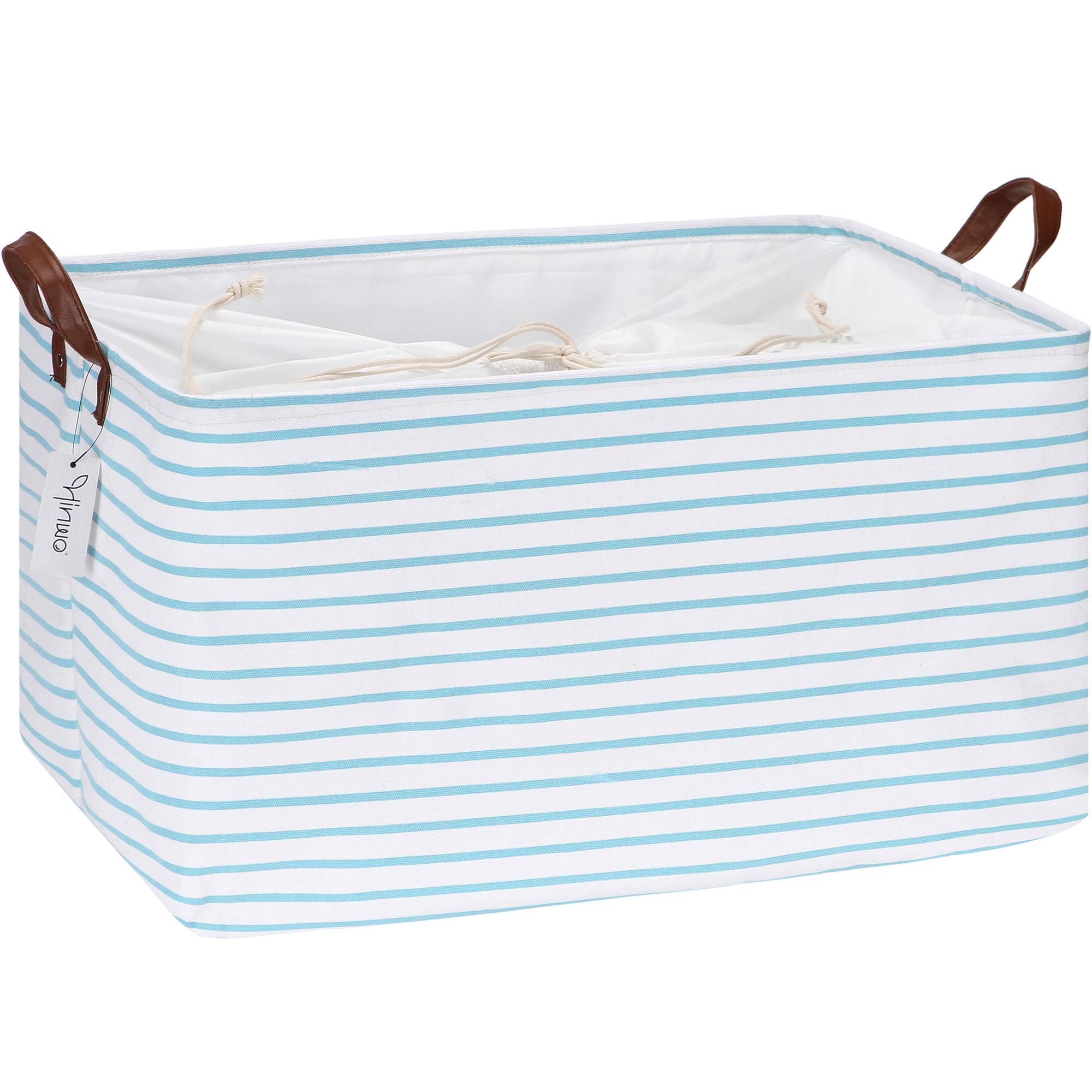 Hinwo 70L Extra Large Storage Bins, Closet Organizers and Storage, Foldable Clothes Storage Baskets with Handles, Containers for Clothing, Blanket, Comforters, Toys, Bedding (Aqua Stripe)