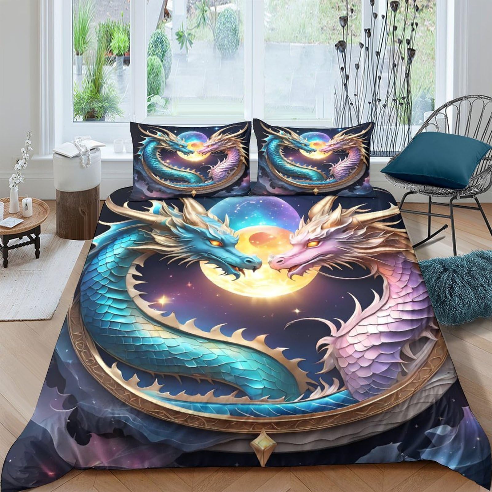 GPLZQXKJNH 3D Printed Dragon Fantasy Duvet Cover Microfiber Soft Breathable Sunset Magic Bedding Set with 2 Pillowcases for Bedroom Decor Single（135x200cm）