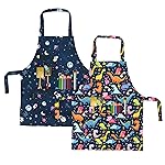 BeeGreen Kids Apron 2 Pack Pink White Floral Kids Painting Aprons with Adjustable Strap & Front Pockets Toddler Aprons for Girls & Boys Artist Smocks for Cooking Baking Kitchen Washable, Medium