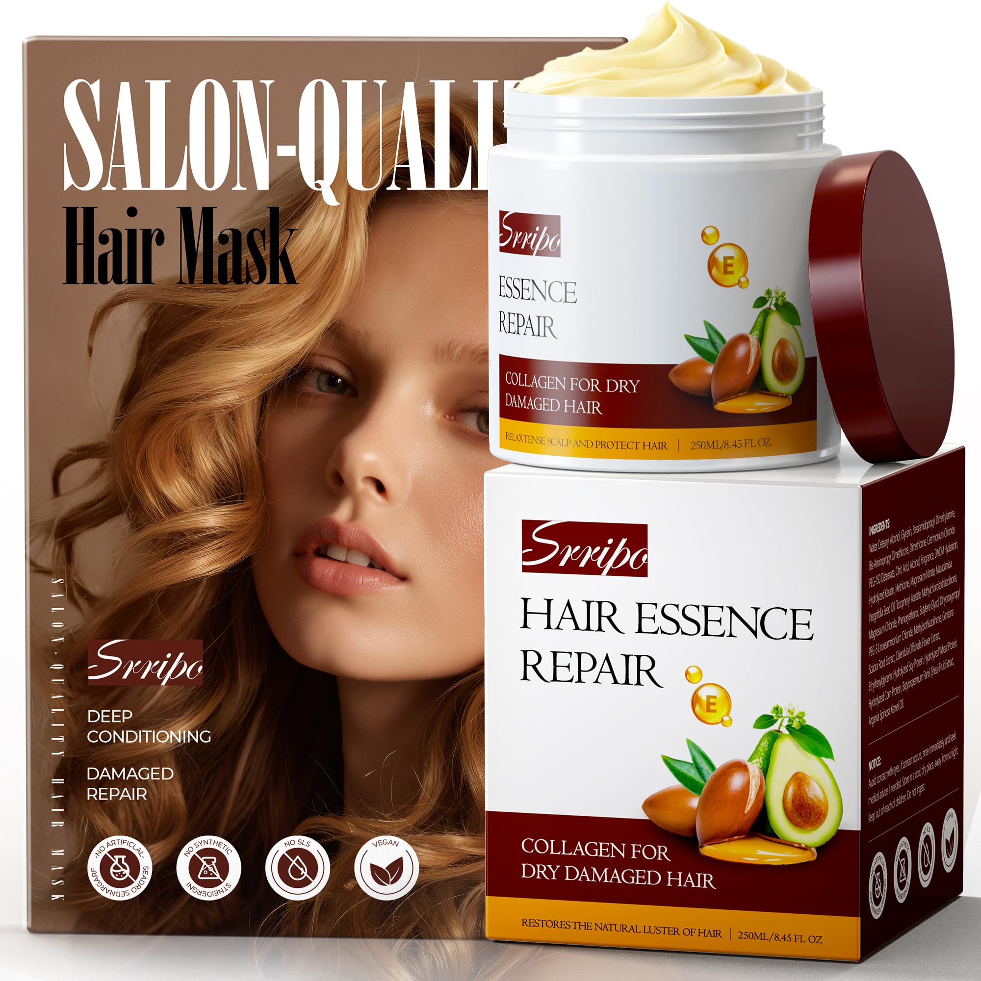 Collagen Hair Mask for Deep Conditioning, Keratin Hair Treatment with 4 Hydrolyzed Proteins, Moroccan & Avocado Oils Conditioner for Nourish, Calendula Gentian Extracts Care Dry & Damaged Hair 8.45 OZ