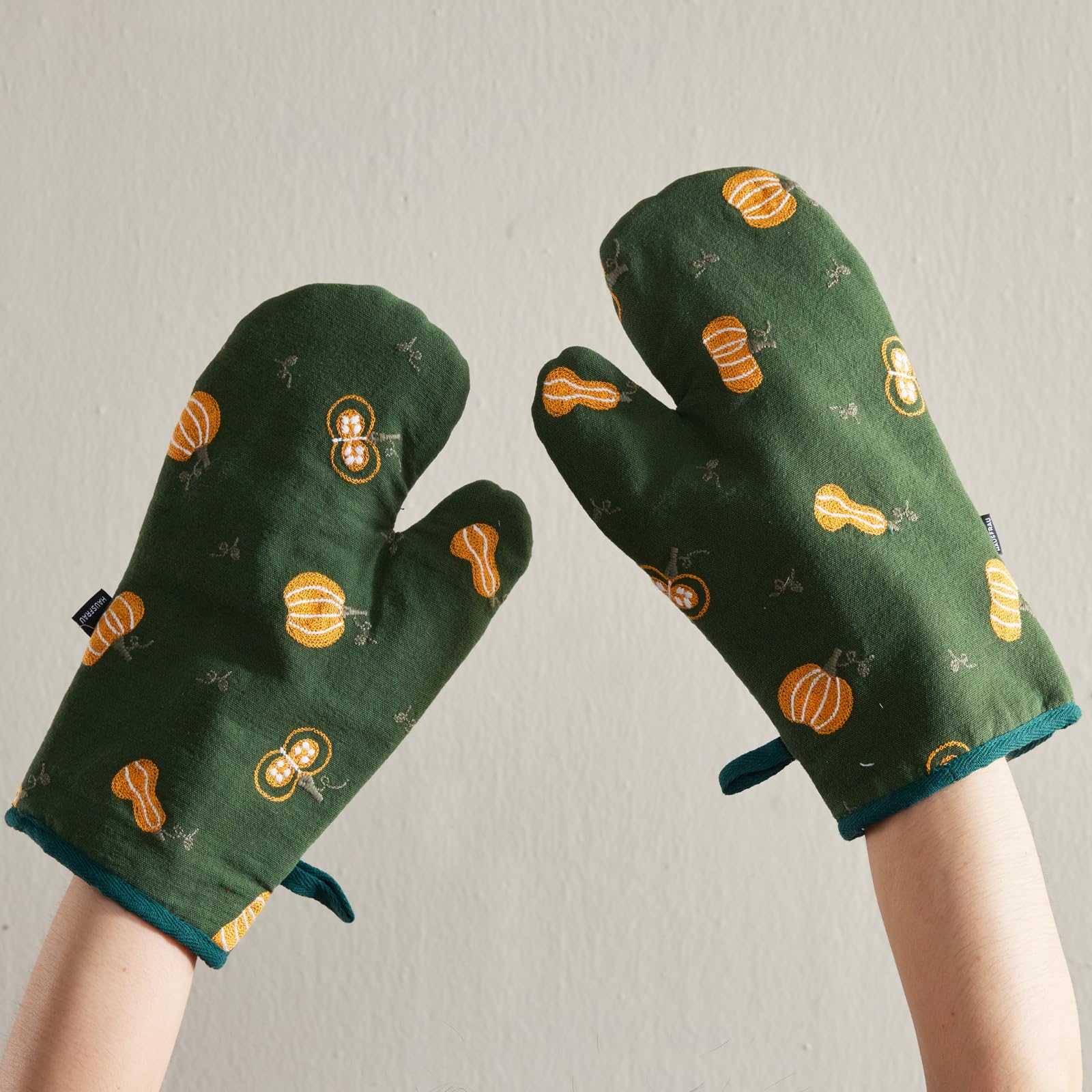 Hausfrau Manoplas de horno bordadas de jacquard vintage florales resistentes al calor, guantes de cocina para hornear y cocinar, calabaza verde